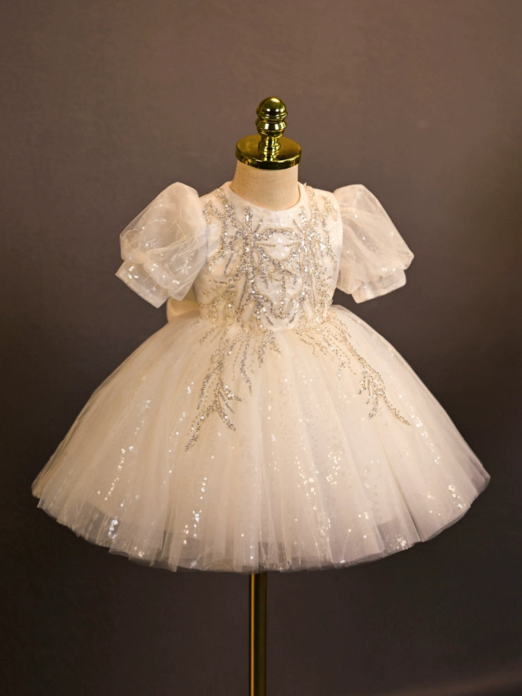White Princess Round Tea Length Tulle Flower Girl Dress - Perfect for Weddings, Birthday Parties & Special Occasions