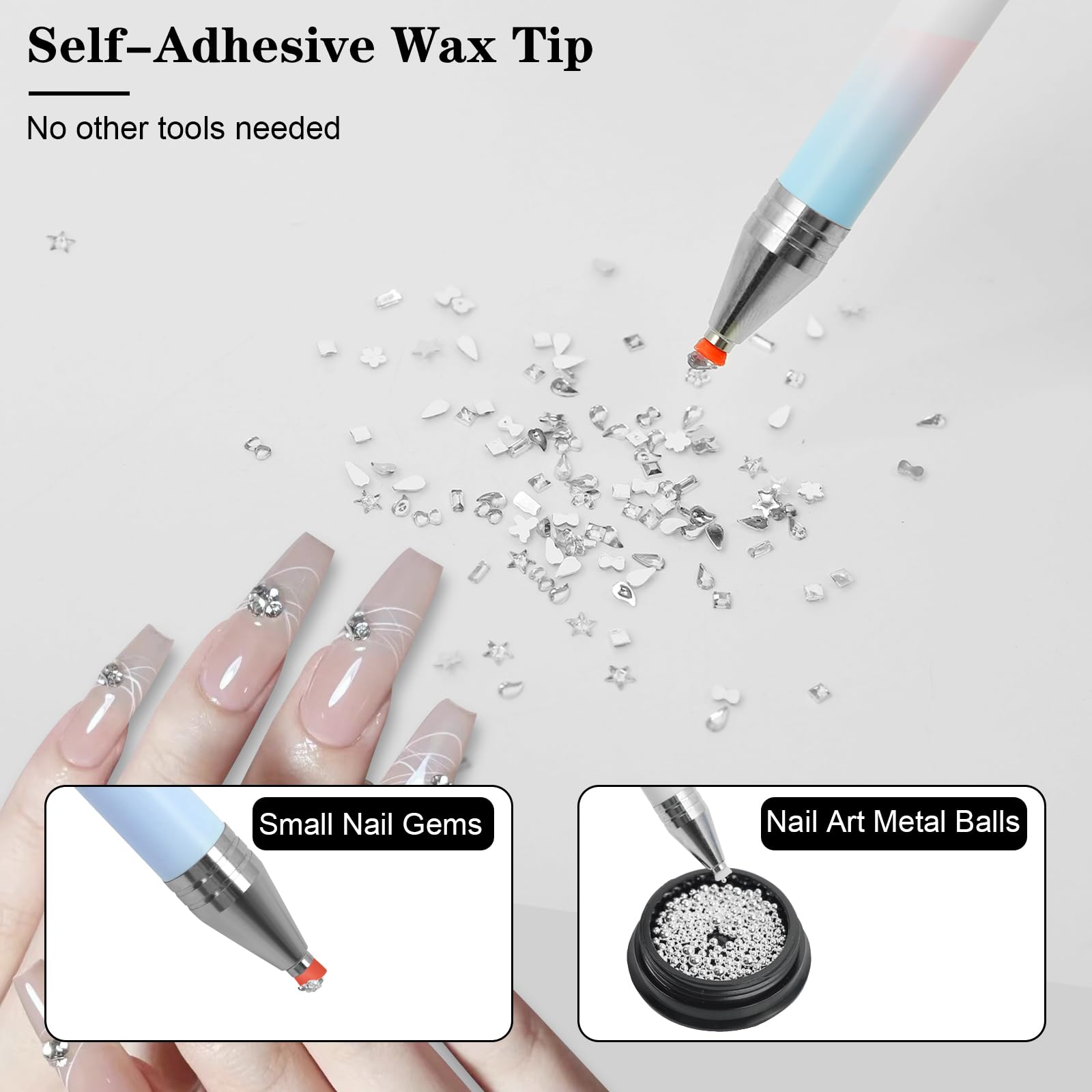 Rhinestone Wax Pencil & Nail Dotting Tool Set - 6 Extra Wax Tips & 5 Dual-Ended Dotting Tools for Crystal Beads, Manicure, Nail Art DIY - Perfect for Professional Salons & Home Nail Decoration (Blue)