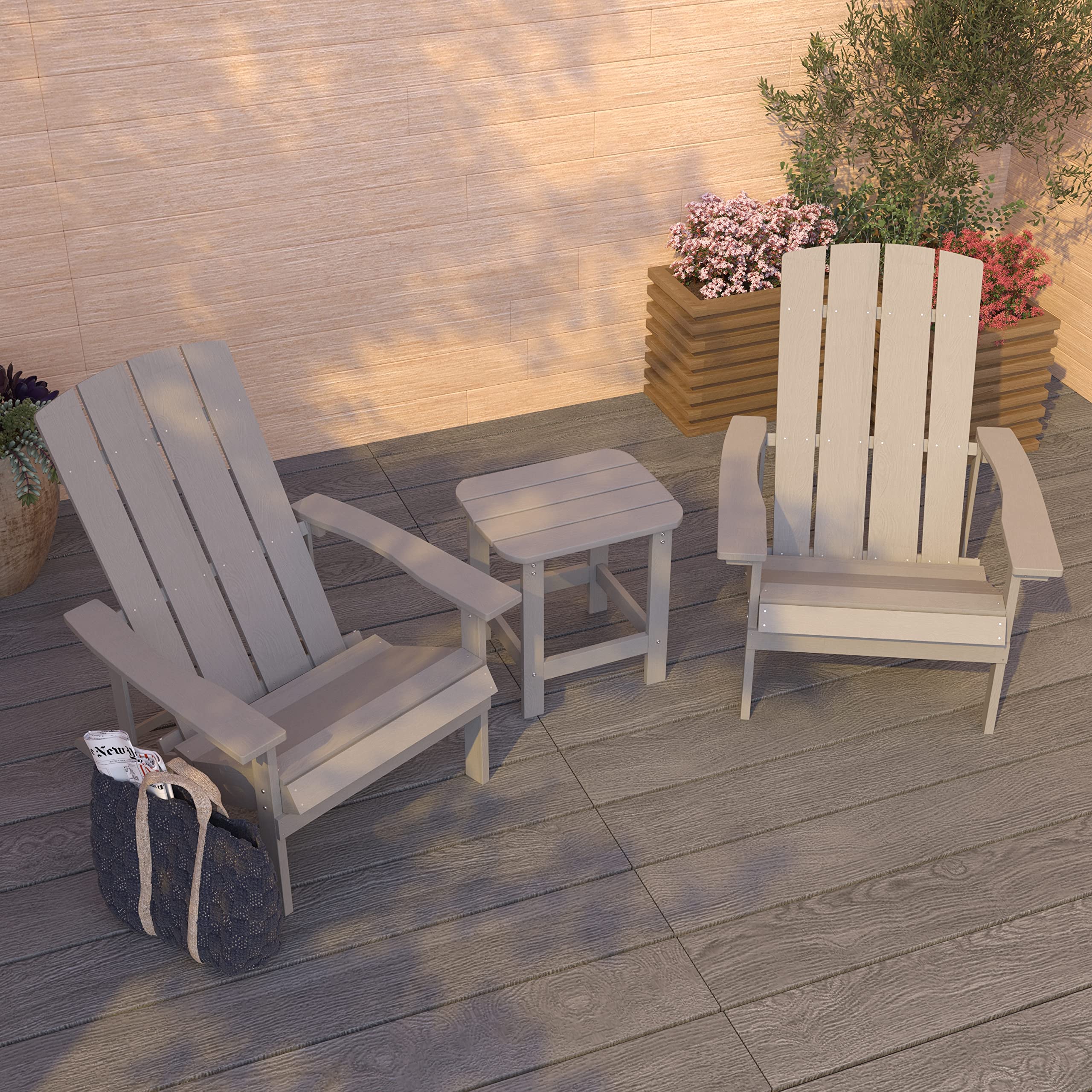 Merrick Lane Riviera Adirondack Patio Chairs and Table Set - Gray Indoor/Outdoor Furniture for Backyard, Deck, Garden & Poolside Relaxation