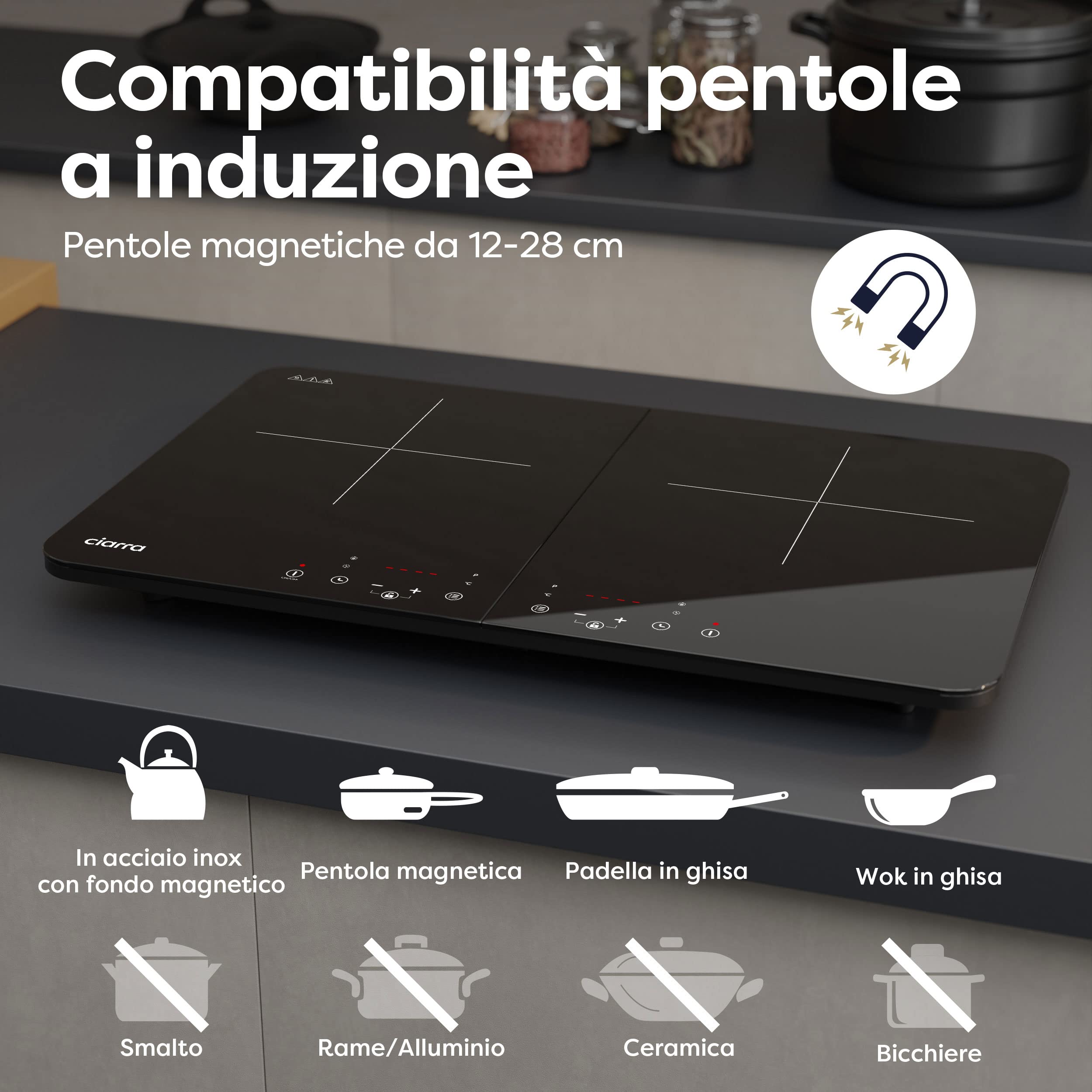 CIARRA CBTIH2 Double Burner Induction Cooktop 3500W - 9 Power Levels, Touch Control Panel, Safety Switch, Multiple Timers, Child Lock - Perfect for Home Kitchen, Dorm, Office & Outdoor Cooking