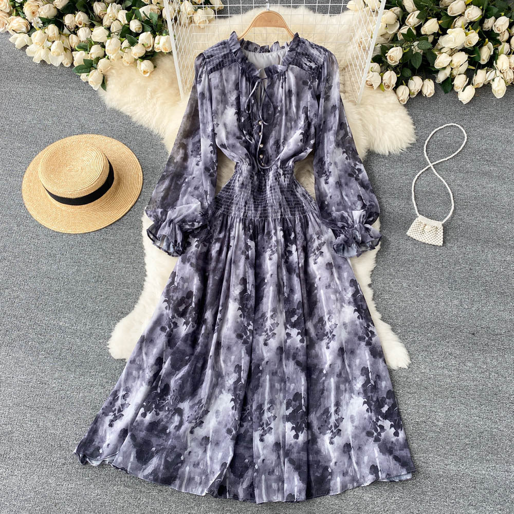 Elegant Printed French Dress with Puff Sleeves - Flowy Fairy Long Skirt for Women | Perfect for Weddings, Parties & Romantic Dates