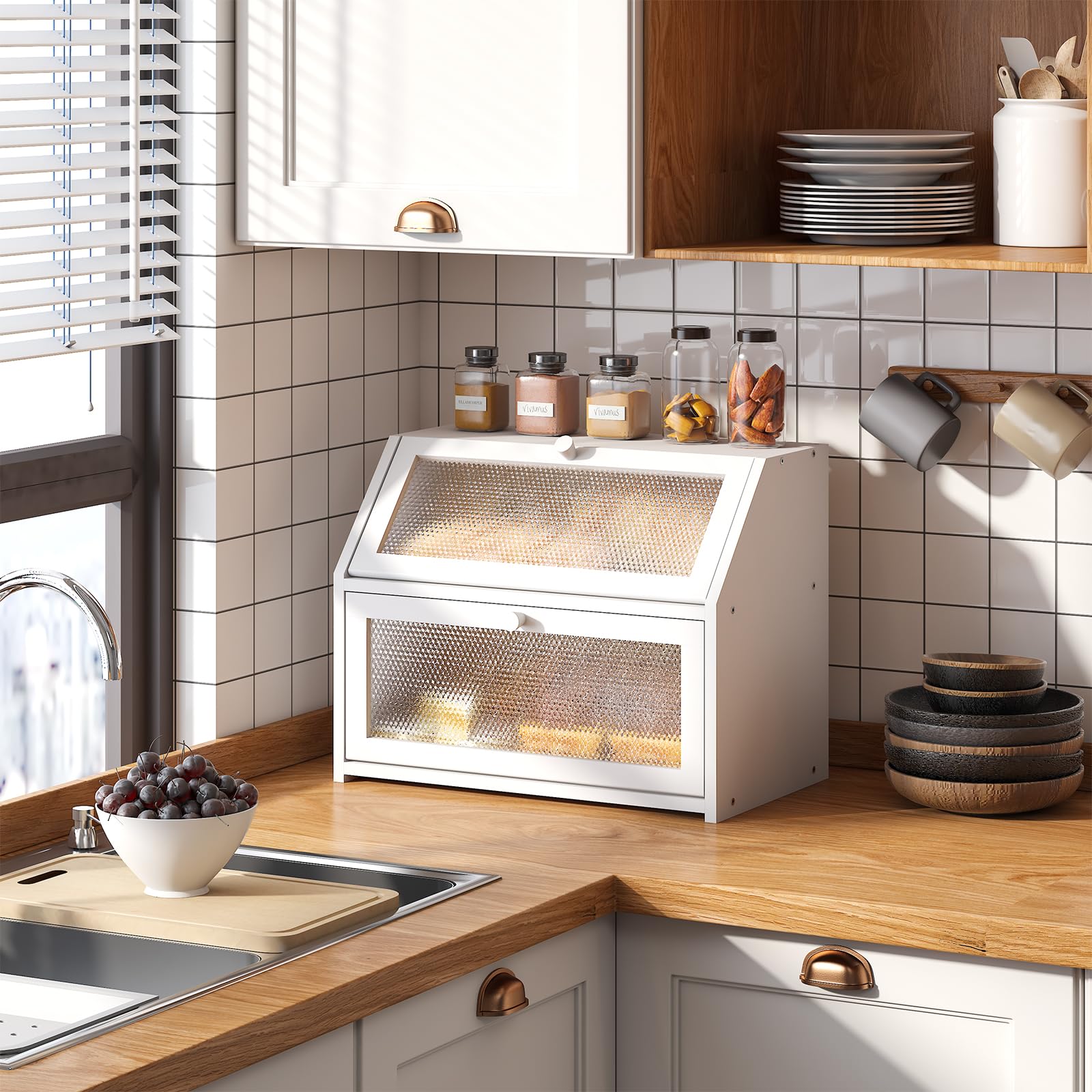 Farmhouse Style Extra Large Double Layer Bread Storage Box with Diamond Pattern Windows - White Countertop Bread Bin for Kitchen, Pantry, and Dining Room Organization - Perfect for Sliced Bread, Buns, and Baked Goods