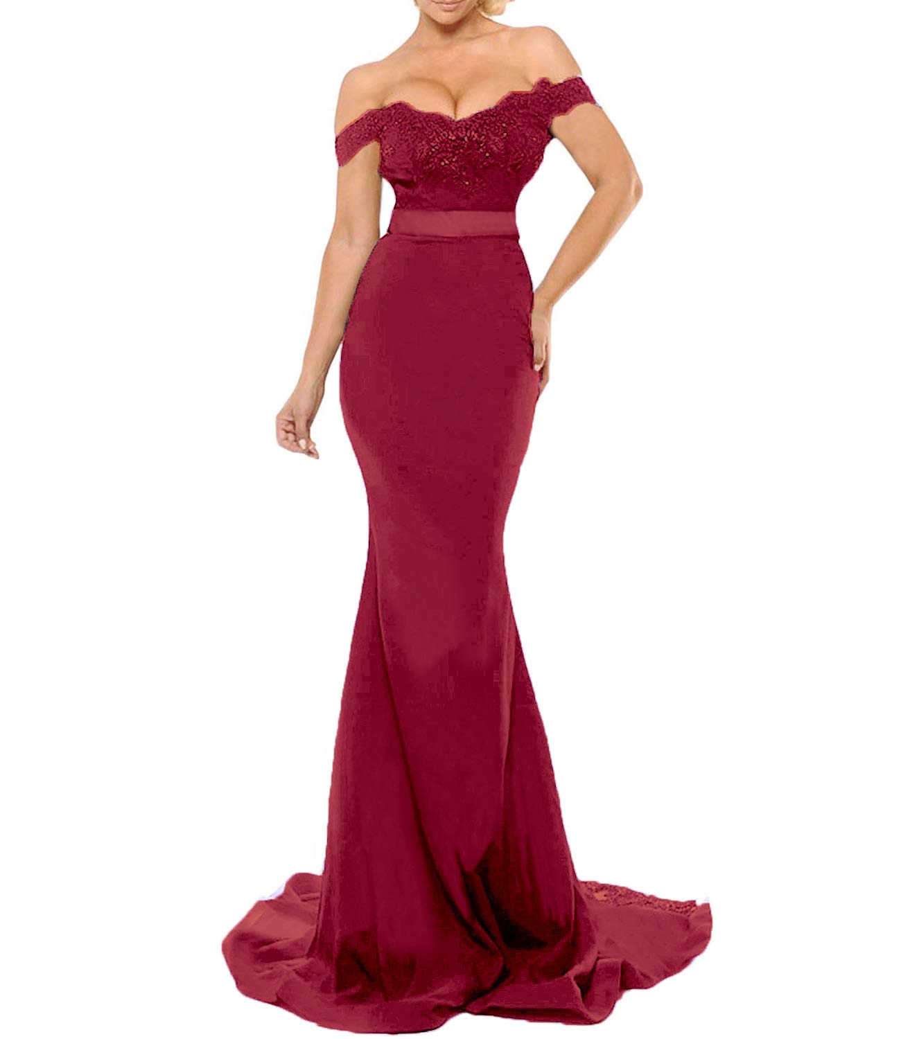 Elegant Women's Off-The-Shoulder Beaded Mermaid Prom Dress with Train - Applique Bridesmaid Evening Gown for Wedding Party & Formal Events