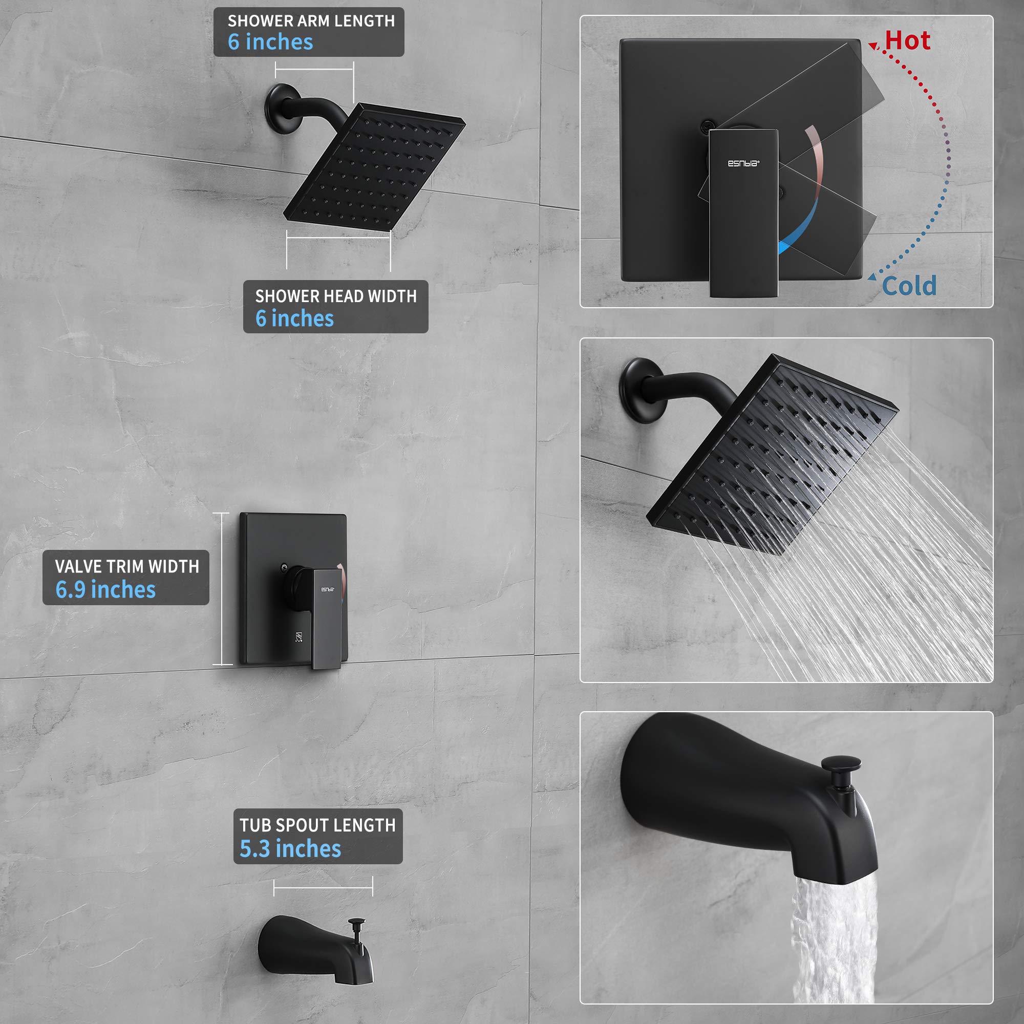 Premium Matte Black Shower Tub Faucet Set with 6-Inch Rain Shower Head, Tub Spout & Valve - Single Handle Bathroom Fixture for Modern Home Renovation | Perfect for Master Bath, Guest Bath & Spa-Like Shower Experience