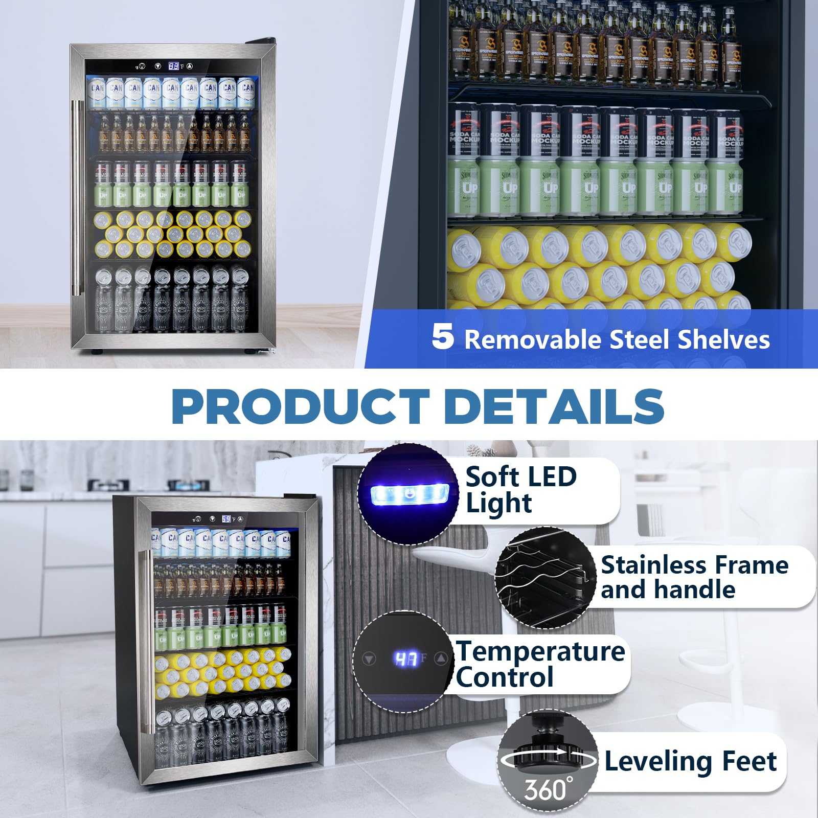 Joy Pebble 4.4 Cu.Ft Beverage Refrigerator - 145 Can Capacity Mini Fridge with Glass Door for Beer, Wine & Drinks - Freestanding Cooler with Adjustable Shelves - Perfect for Home Bar, Office, or Game Room