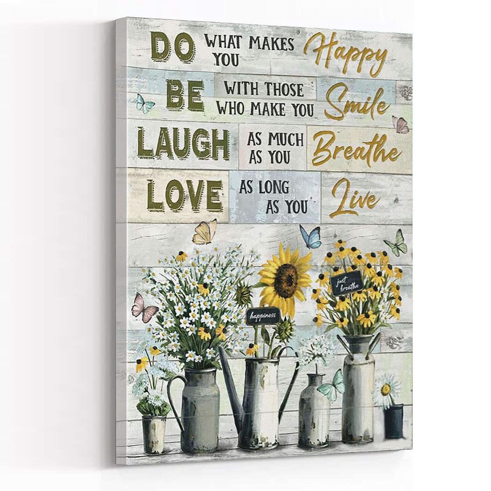 Canvas Wall Art Set - Rustic Sunflower & Inspirational 'Do What Makes You Happy' Framed Poster (12''x18'') for Living Room Decor | Modern Flower Wall Art for Home, Office & Bedroom Aesthetic