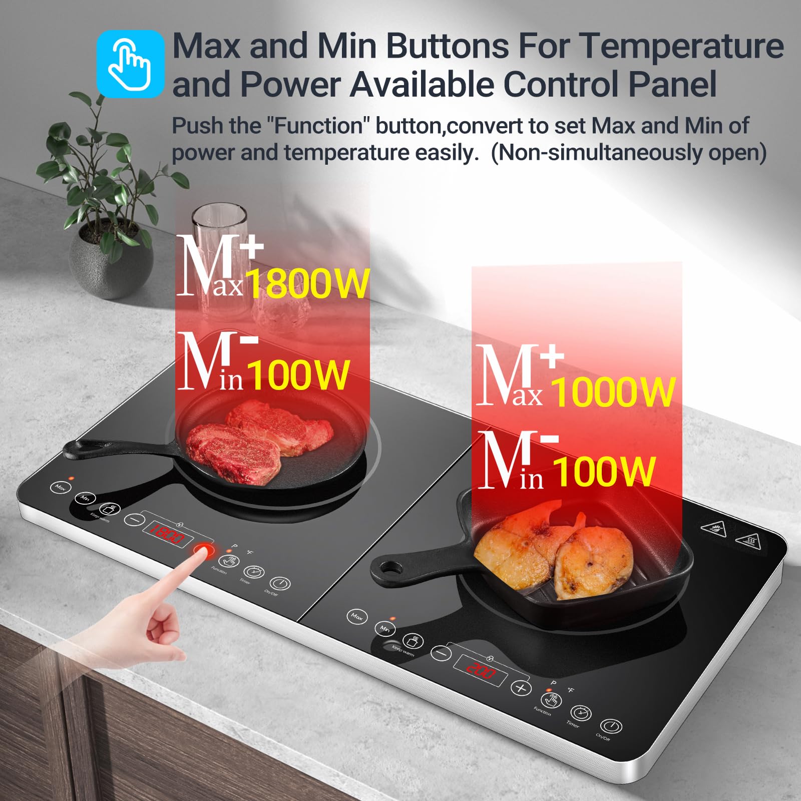 Aobosi Double Induction Cooktop with Black Glass Panel, Independent Controls, 20 Temperature Settings & 18 Power Levels [Upgraded], 4-Hour Timer, 2800W, Safety Lock – Perfect for Home Kitchen, Restaurant & Outdoor Cooking