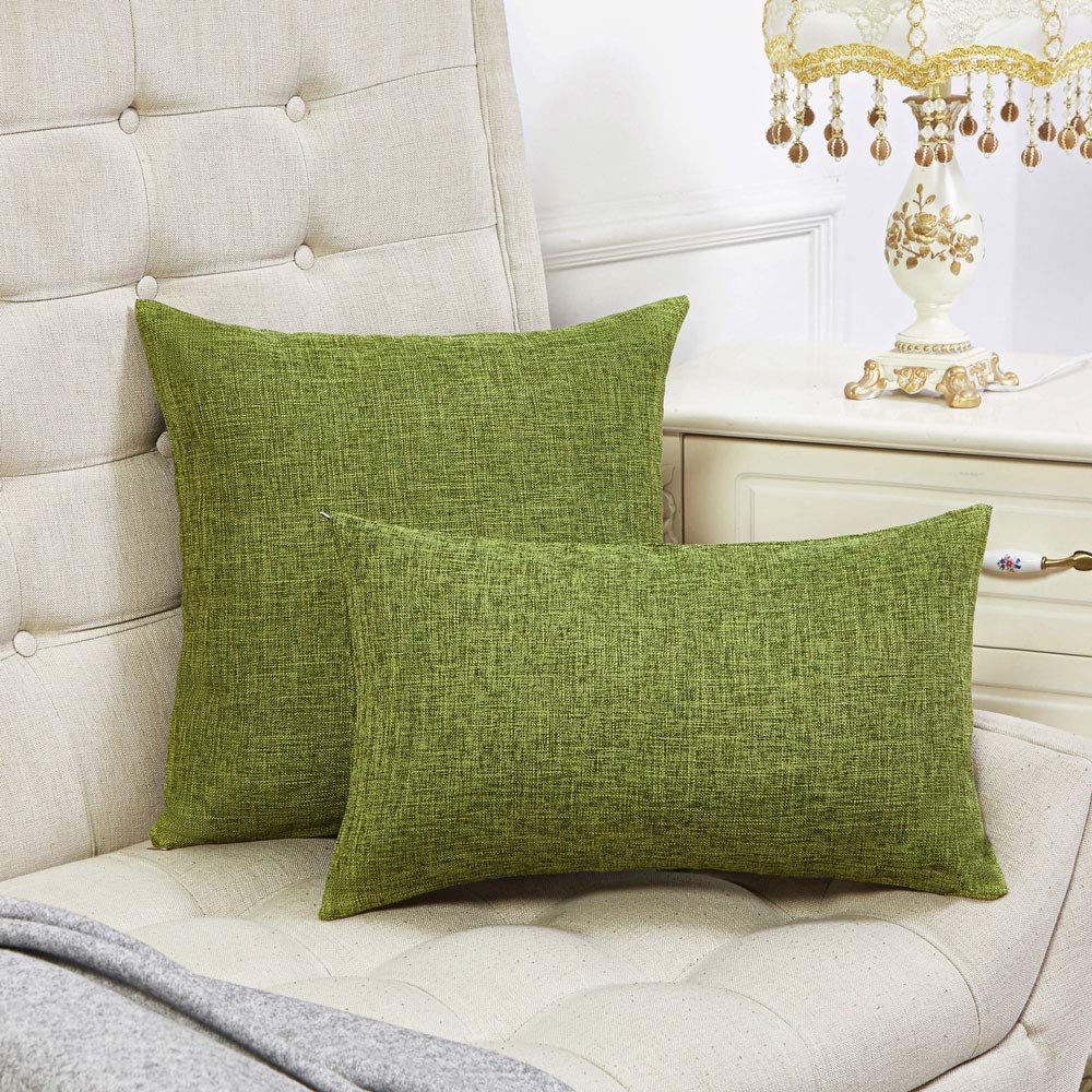 Anickal Set of 2 Green Linen Pillow Covers 16x16 Inch - Rustic Decorative Square Throw Pillow Covers for Sofa, Couch & Bed - Perfect for Living Room, Bedroom & Home Decor