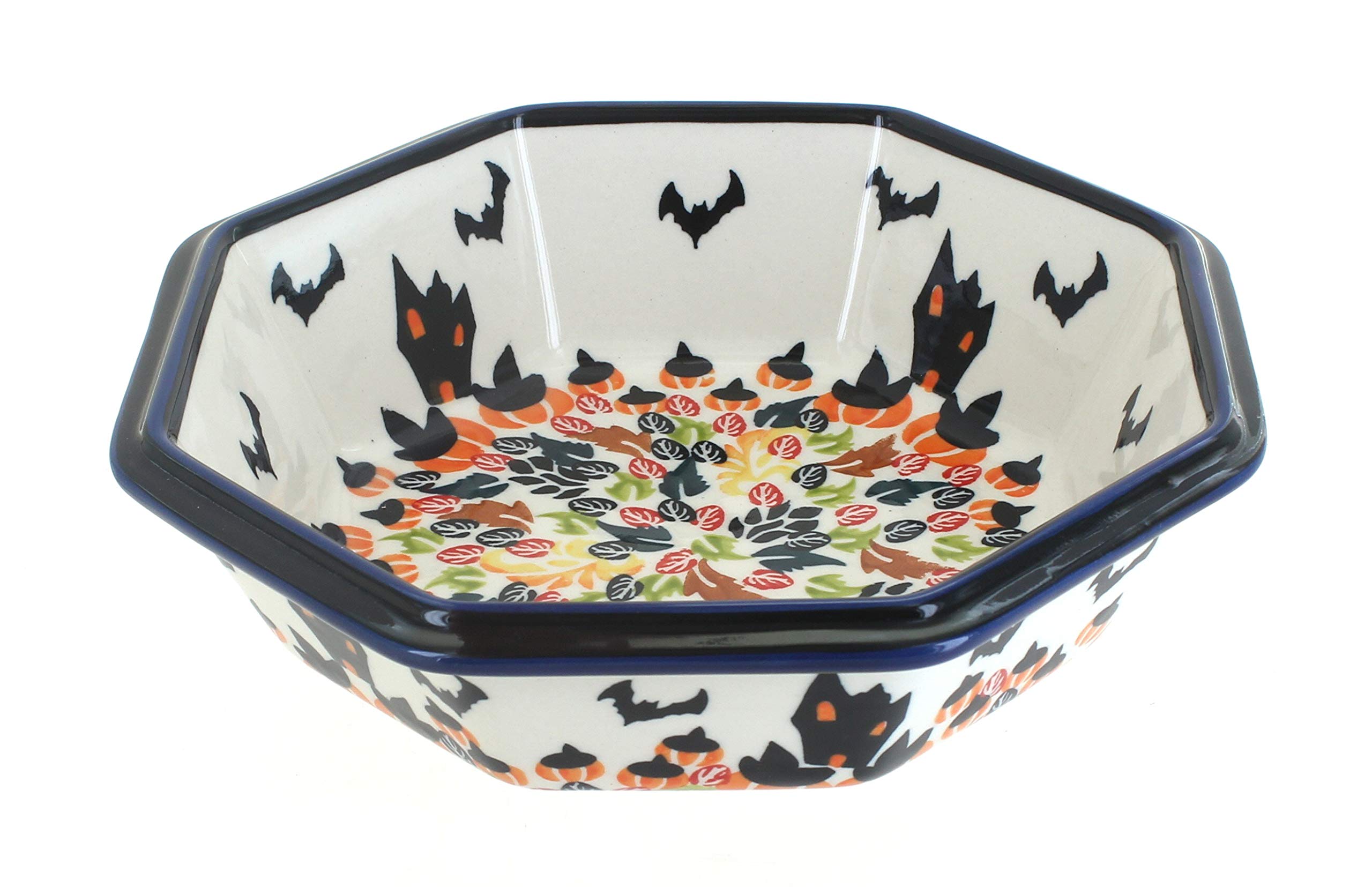 Handmade Blue Rose Polish Pottery Haunted House Large Octagonal Bowl - Unique Halloween Decor, Dinnerware & Gift for Collectors