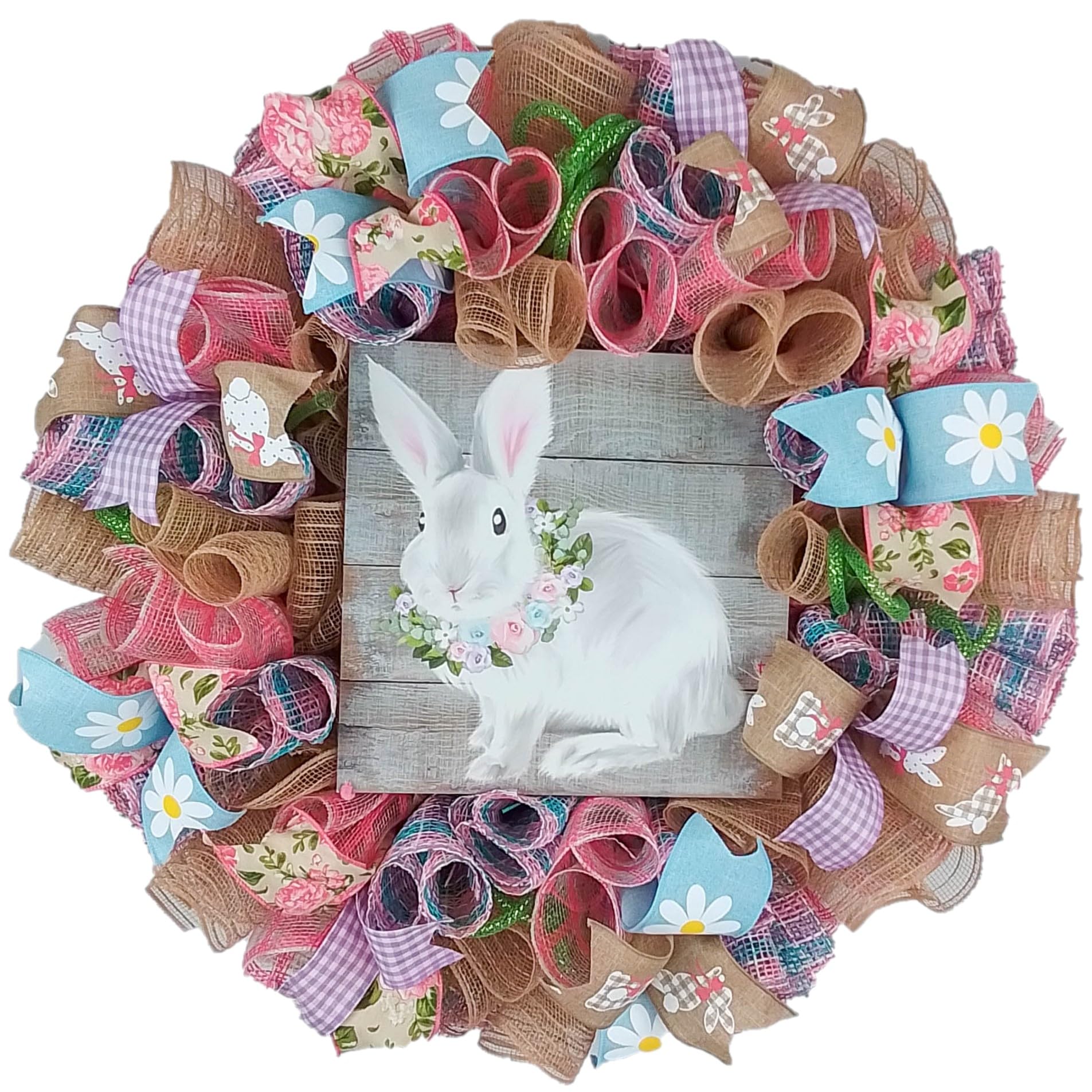 Farmhouse Easter Bunny Wreath for Front Door - Pink Burlap Spring Wreath with Tan, Purple, Pastel White Accents - Perfect for Easter Decorations, Spring Home Decor & Front Porch Welcome Decor