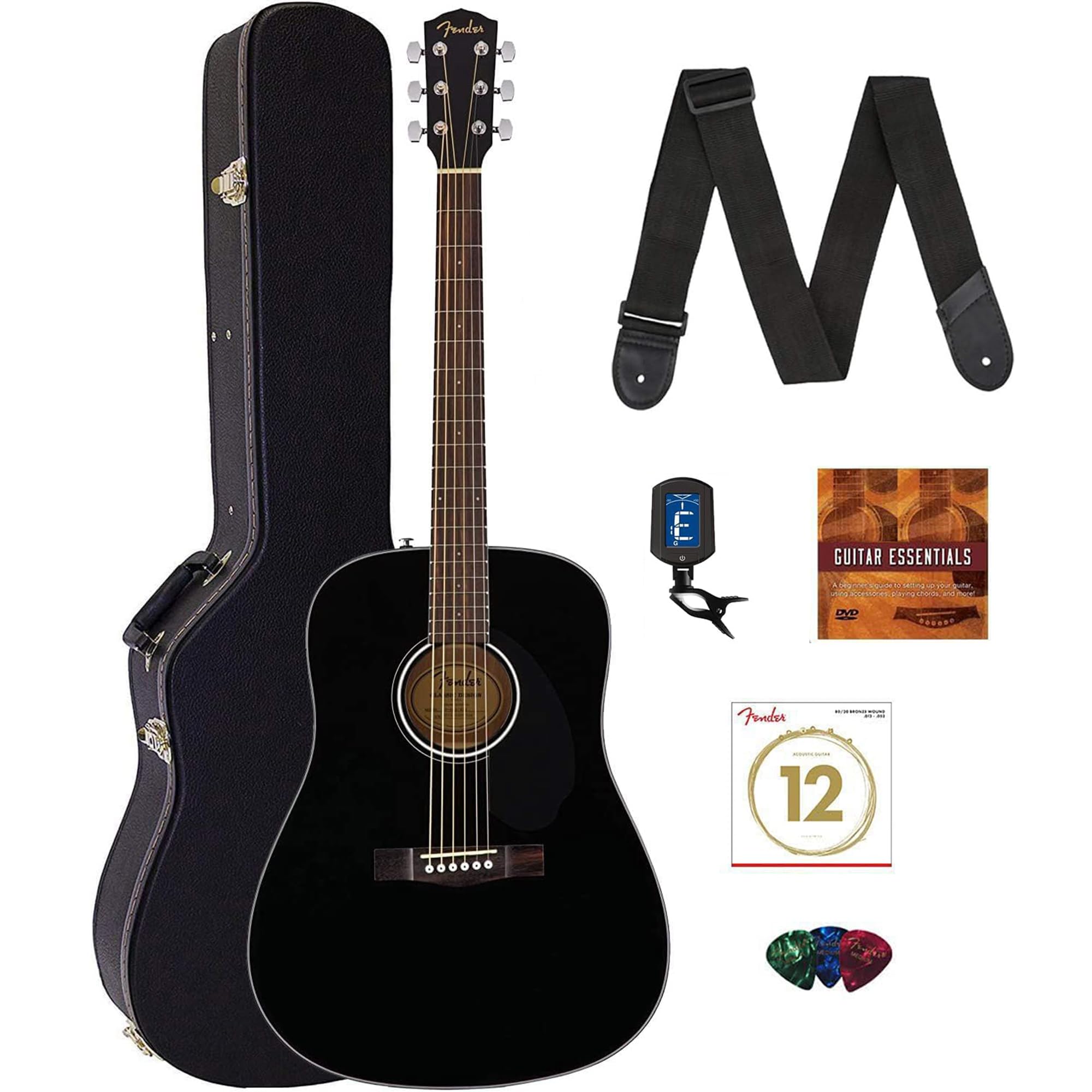 Fender CD-60S Solid Top Dreadnought Acoustic Guitar - Black with Hard Case, Tuner, Strap, Strings, Picks & Instructional DVD | Perfect for Beginners, Live Performances & Home Practice