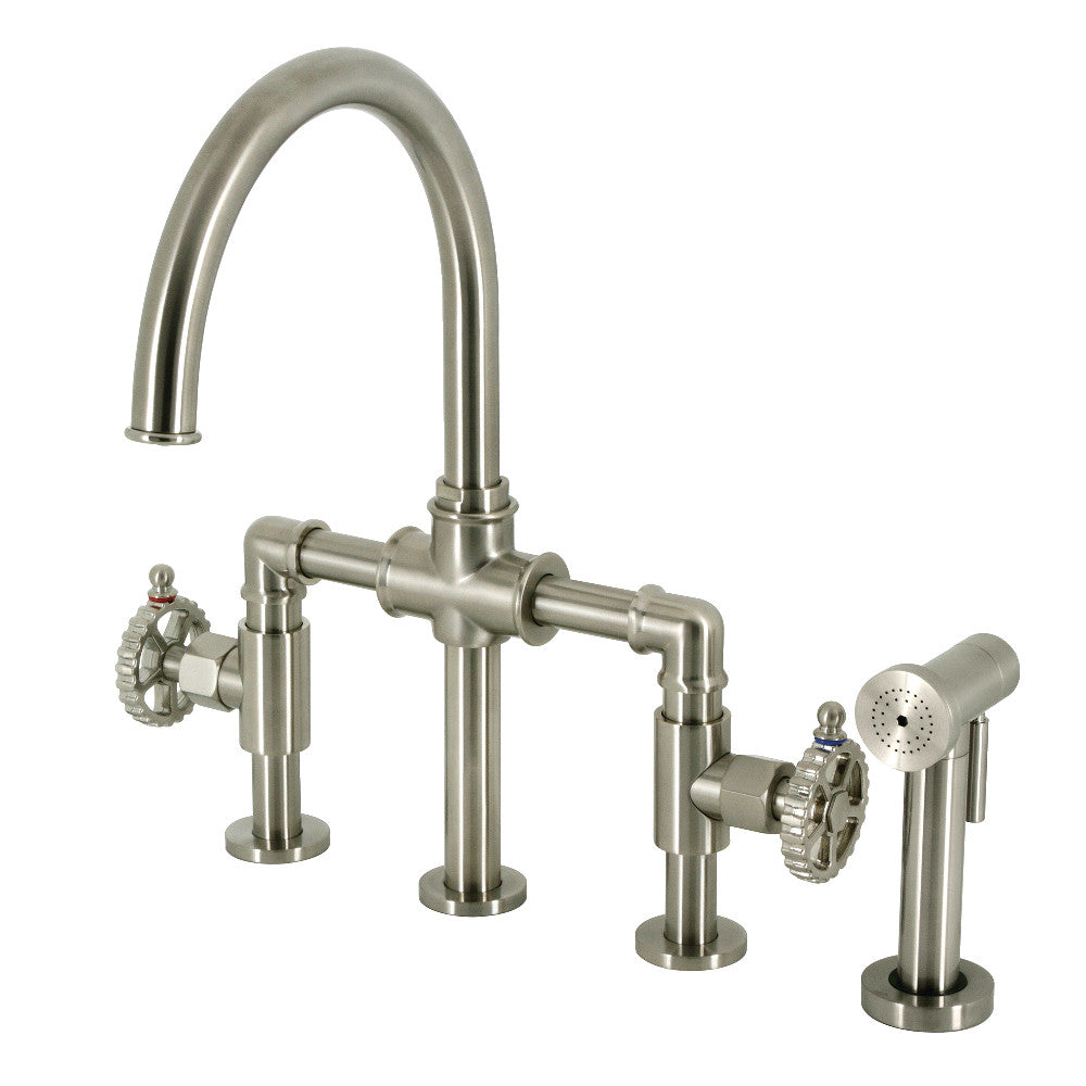 Industrial Style Bridge Kitchen Faucet with Brass Sprayer - Heavy Duty Commercial Grade Pull Down Sprayer for Restaurant & Home Kitchen - Perfect for Modern Farmhouse, Industrial Loft & Commercial Kitchens