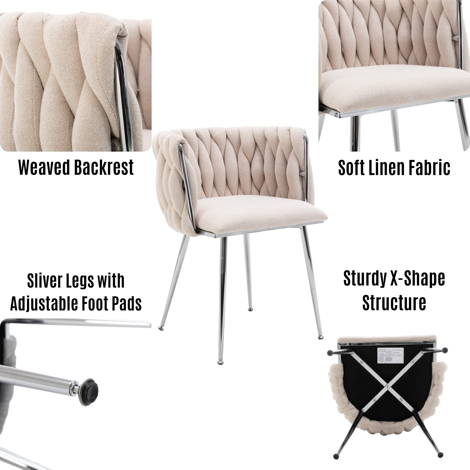 LukeAlon Modern Linen Dining Chairs Set of 2 - Woven Backrest Leisure Chairs with Silver Metal Legs, Upholstered Side Chairs for Living Room, Kitchen, Dining Room & Vanity - Beige Home Decor Accent Chairs for Comfortable Seating & Stylish Interior Design