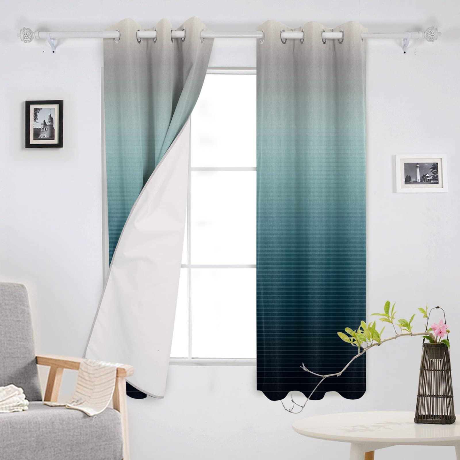 Teal Grey Ombre Stripe Gradient Blackout Curtains - Thermal Insulated Room Darkening Window Drapes for Living Room & Bedroom (2 Panels, 42x84 Inches) - Perfect for Home Decor, Privacy & Energy Efficiency