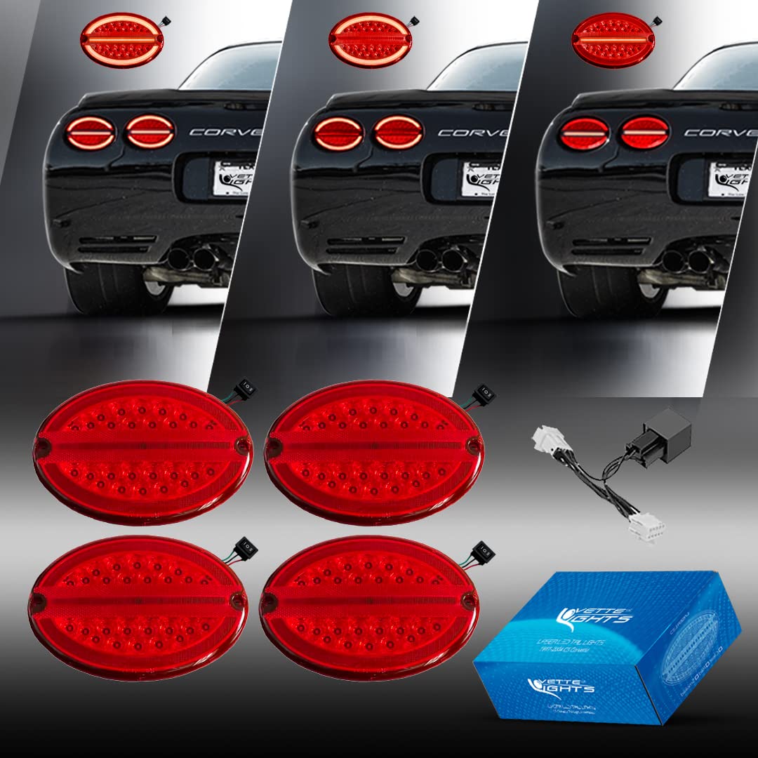 1997-2004 C5 Corvette LED Tail Lights - Red Lens G3 Laser Style with Hyper Flash Harness | High Visibility Brake Lights for Night Driving & Car Shows