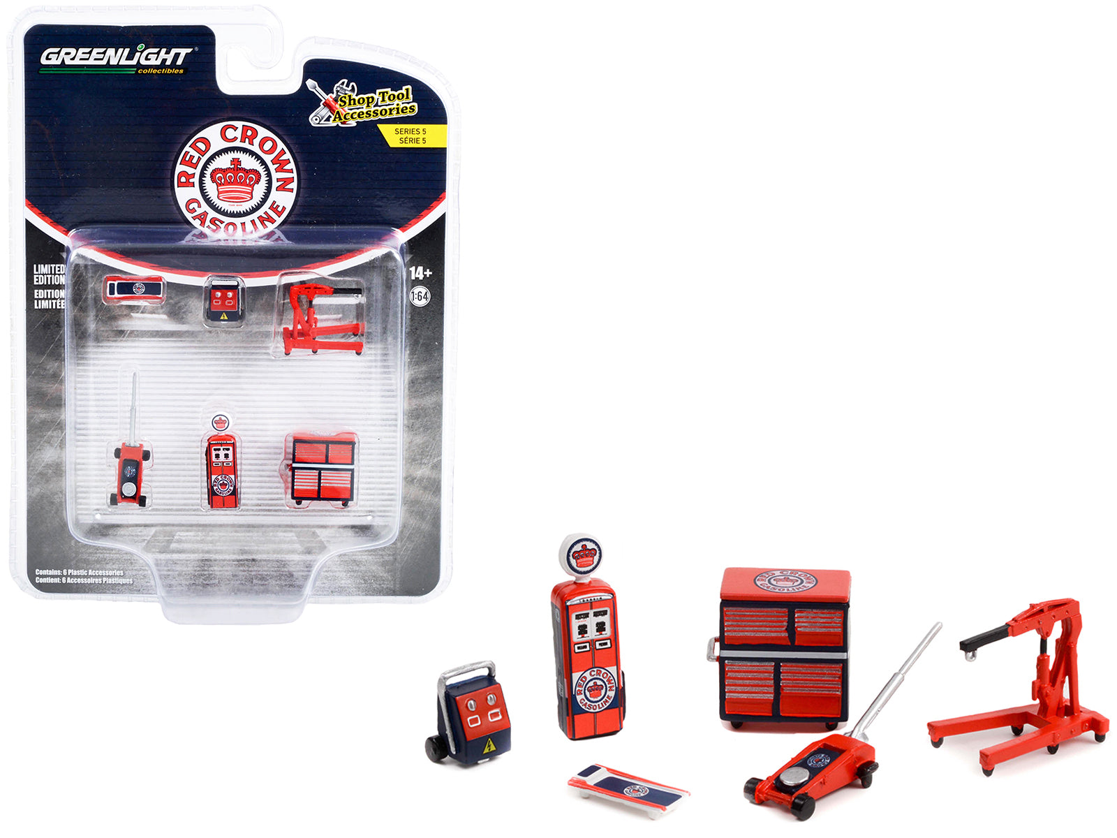 Greenlight Red Crown Gasoline 6-Piece Shop Tools Set - 5 1/64 Scale Model Car Accessories | Perfect for Collectors & DIY Enthusiasts | Garage Display & Hobby Projects