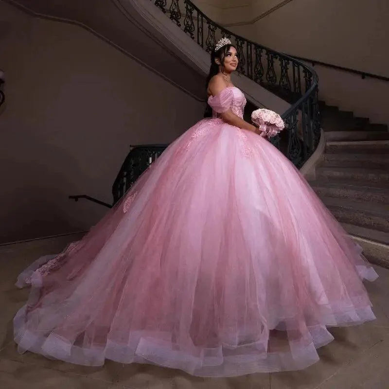 Elegant Hot Pink Crystal Beaded Ball Gown Quinceanera Dress - Off Shoulder Sweet 15 Birthday Party Dress for Teen Girls