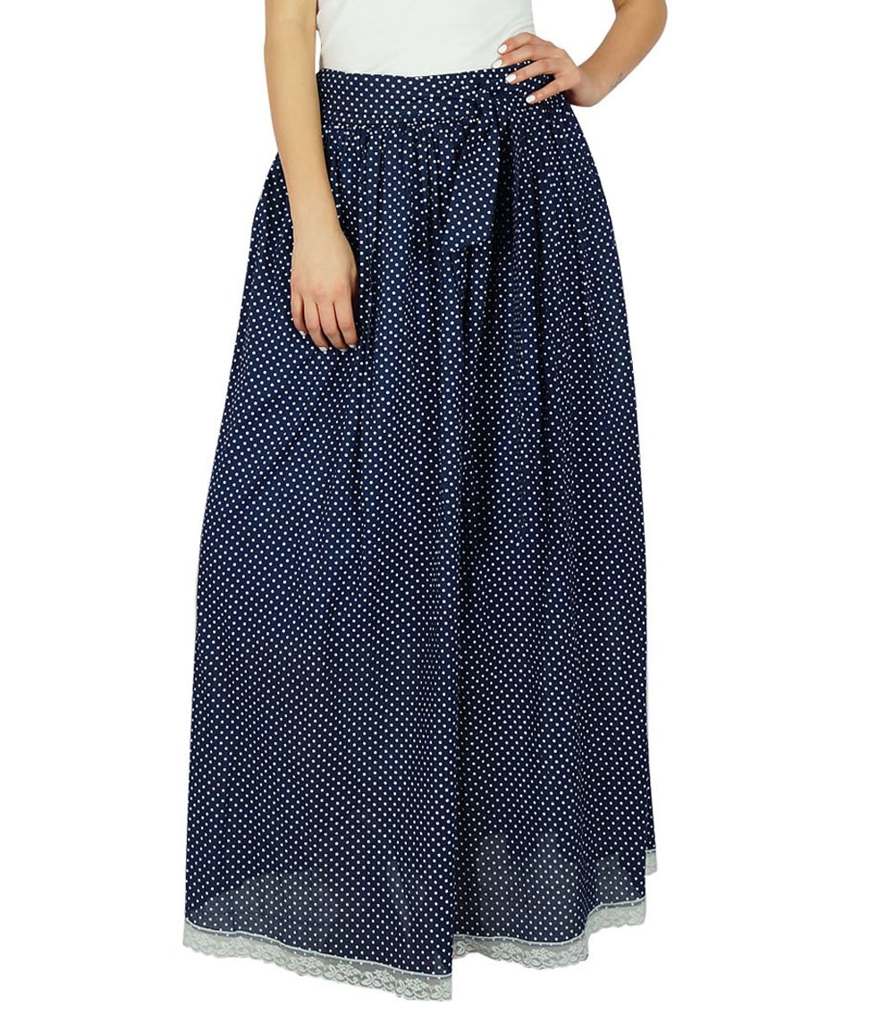 Bimba Women's Long Flared Cotton Tulip Maxi Skirt with Lace Trim - Boho Gypsy Style Blue Midi Dress for Beach, Vacation & Summer Outfits