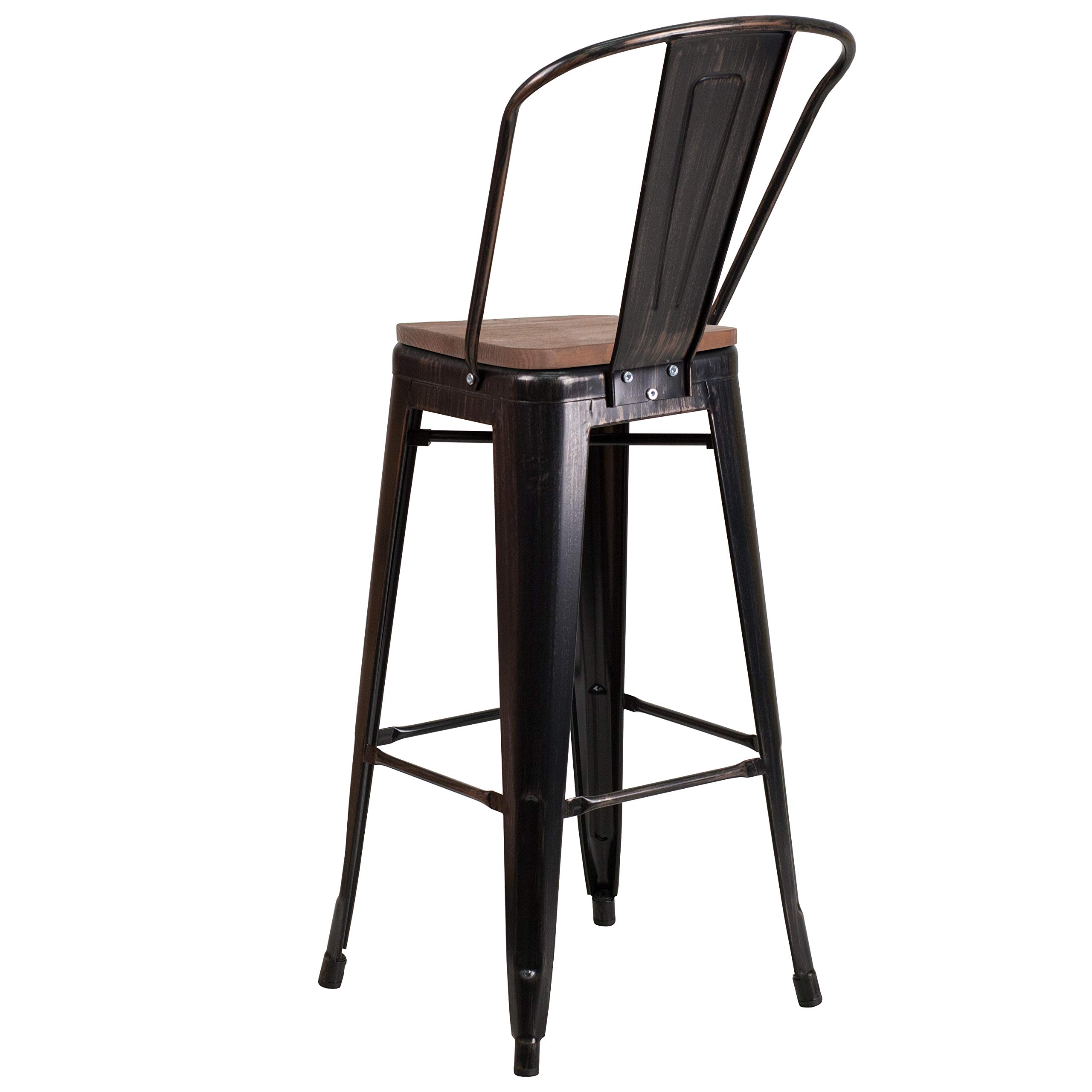 EMMA + OLIVER 30 Inch Black and Antique Gold Metal Bar Stool with Backrest and Wooden Seat - Perfect for Kitchen Islands, Home Bars, and Dining Counter Height Tables