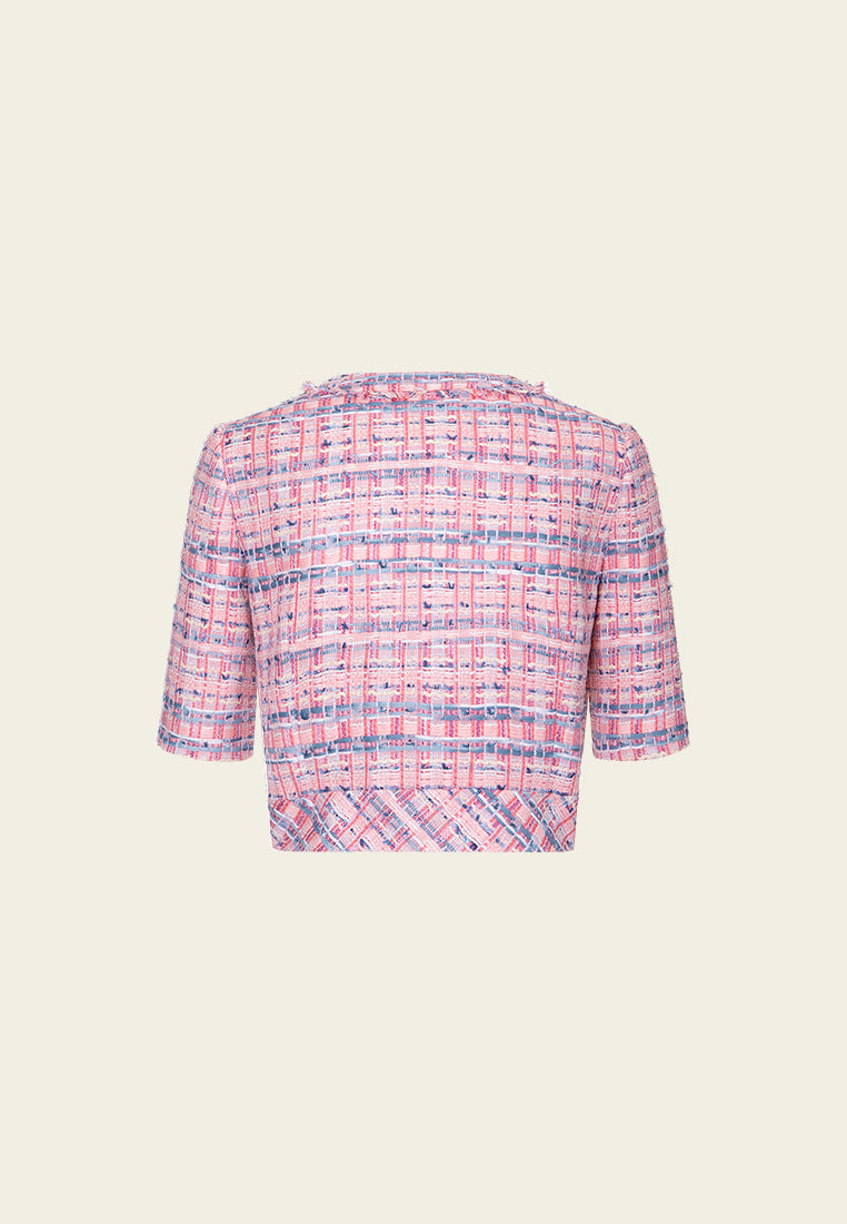 Stylish Patchwork Lace Detail Mixed Tweed Cropped Top for Women | Trendy Fashion Blouse | Perfect for Parties, Dates & Casual Outings