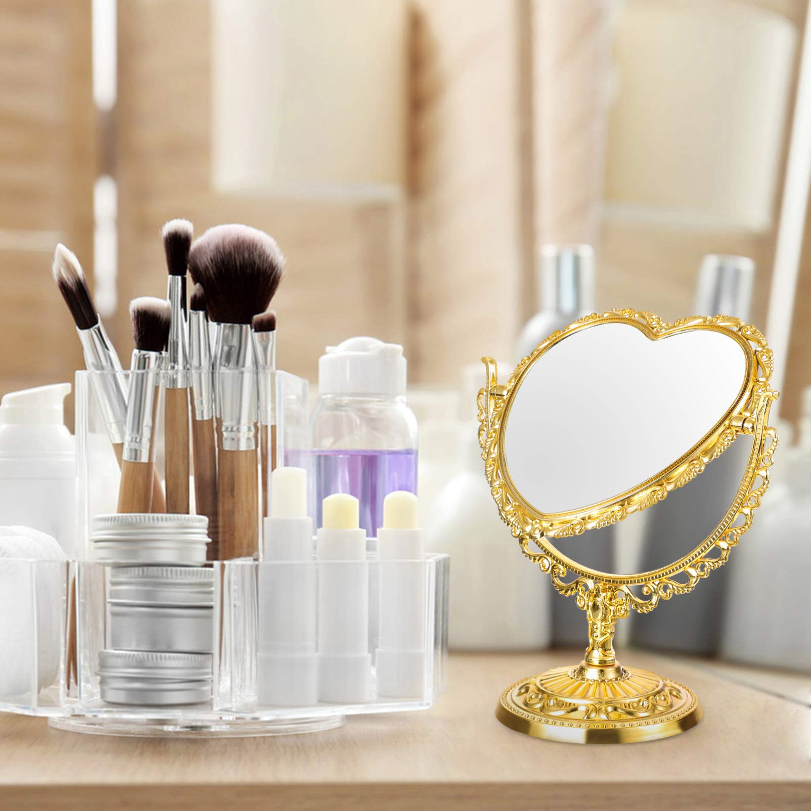 Two-Sided Swivel Vanity Mirror with Heart Design - Gold Tabletop Makeup Mirror for Dressing Table, Desk & Beauty Station - Perfect for Home, Bedroom, Bathroom & Travel Use
