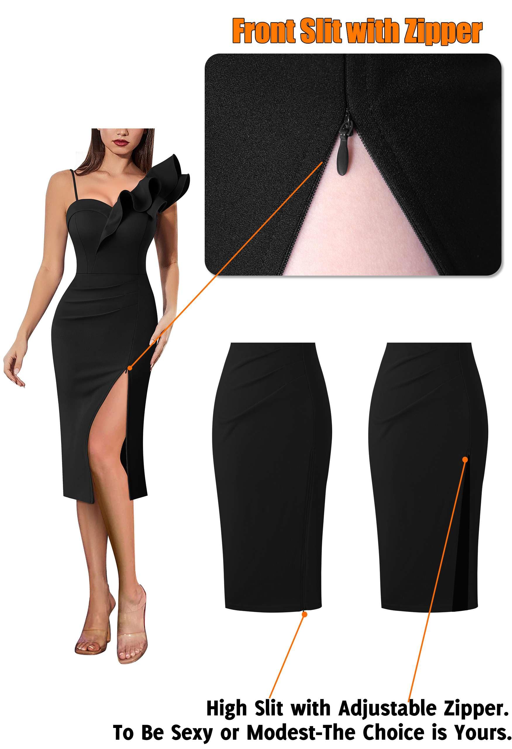 VFSHOW Women's Sexy One Shoulder Ruffle Cocktail Dress with Ruched Detail & High Slit - Sweetheart Neck Bodycon Mini Dress for Wedding Guest, Party, Date Night & Special Occasions