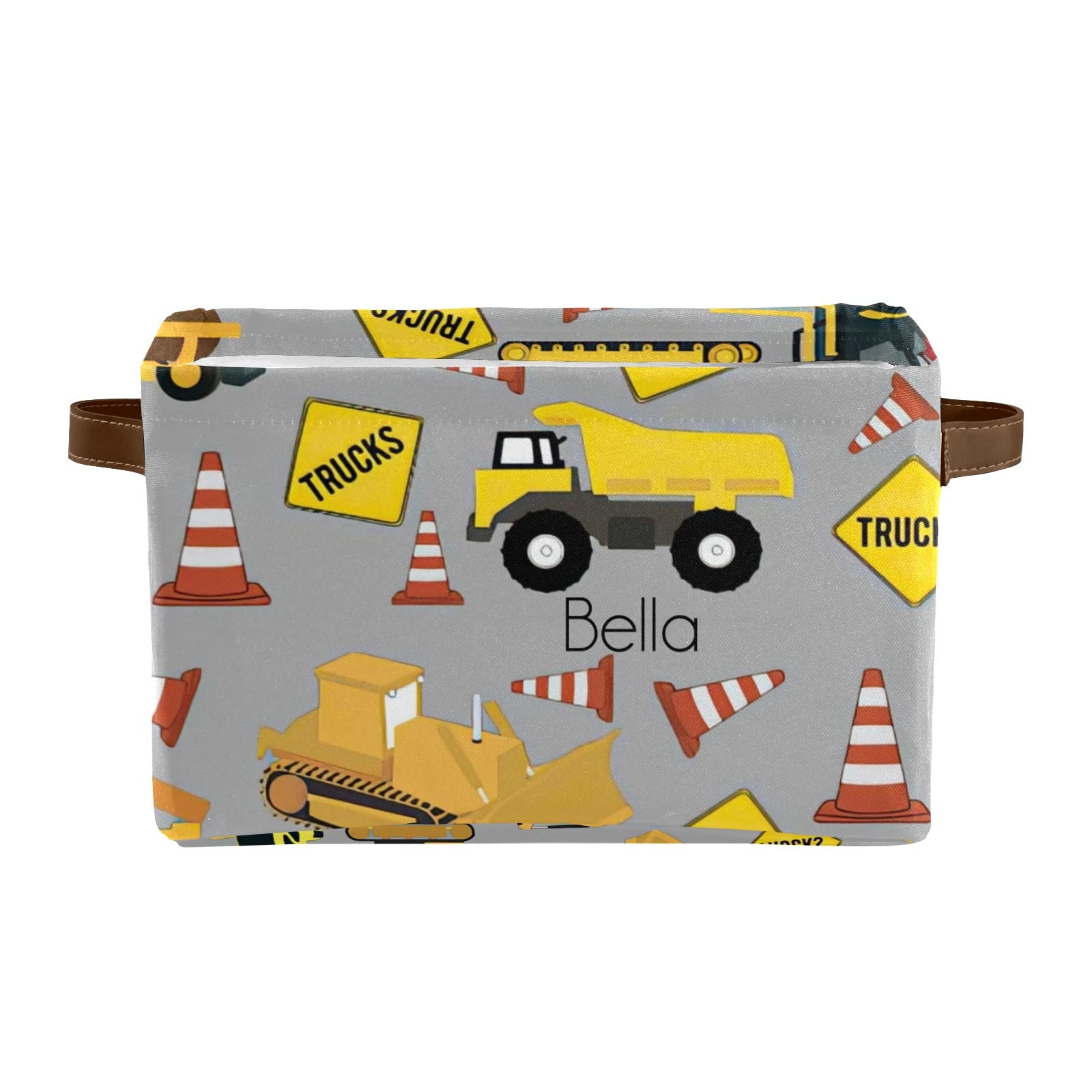 Personalized Yellow Truck Excavator Tractor Storage Bins with Custom Name - 4 Pack Rectangular Organizer for Kids' Room, Kitchen & Playroom Storage
