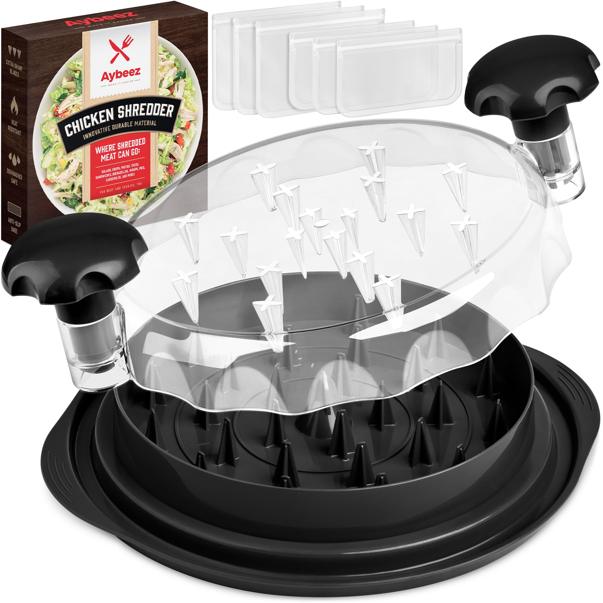 Premium Chicken Shredder Tool with 6 Freezer Bags - 20 oz Hardened Steel, Anti-Slip Grip & Clear Lid - Safer Than Knives Meat Shredder for Pulled Pork, Chicken & Beef - Dishwasher Safe - Perfect for BBQ, Meal Prep & Kitchen Cooking