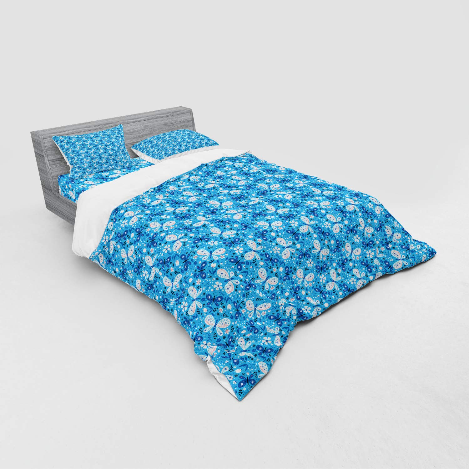 Ambesonne Spring Queen Size 4-Piece Bedding Set - Nature Inspired Butterflies and Flowers Duvet Cover with Shams & Fitted Sheet in Azure Blue & Coral | Perfect for Guest Rooms, Master Bedrooms & Seasonal Decor Refresh