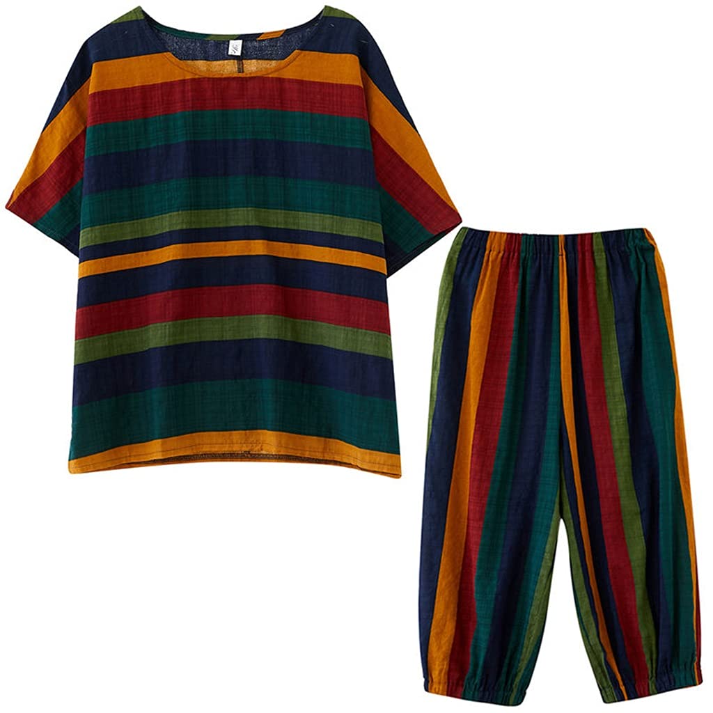 WSSBK Women's 2-Piece Cotton Linen Outfit Set - Striped Short Sleeve O-Neck Top & Loose Harem Pants | Comfortable Summer Casual Wear for Beach, Travel & Lounge (Color A, Size XXXL)