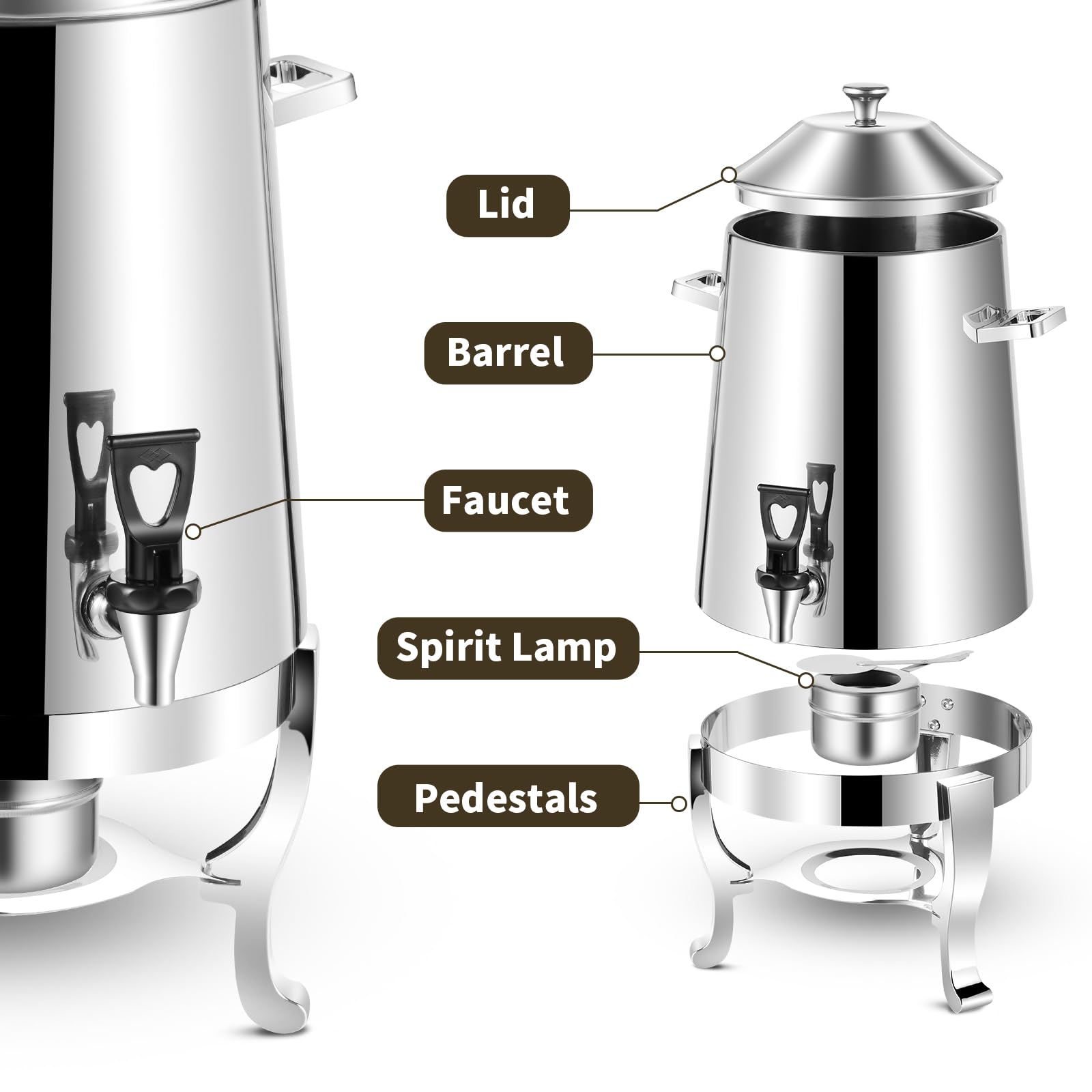 3.5 Gallon Stainless Steel Coffee Urn with Fuel Holder - Continuous Heating Beverage Dispenser with Spigot for Hot & Cold Drinks - Perfect for Parties, Buffets, Catering, and Office Events