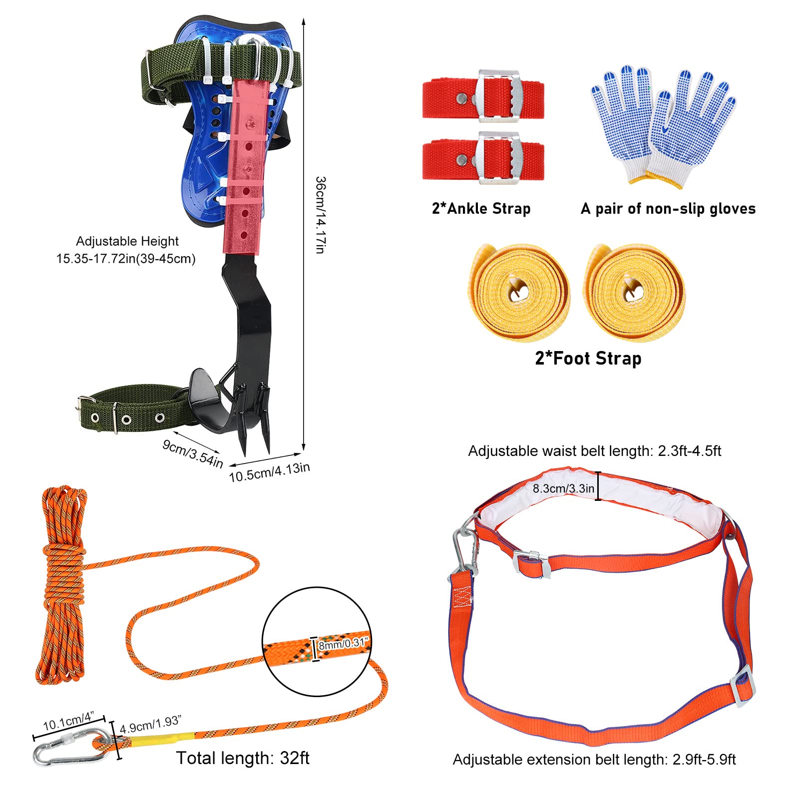 TWSOUL Adjustable Tree Climbing Spikes with Multi-Functional Straps - Professional Climbing Gear for Outdoor Jungle Survival, Fruit Picking, Hunting, and Arborist Work