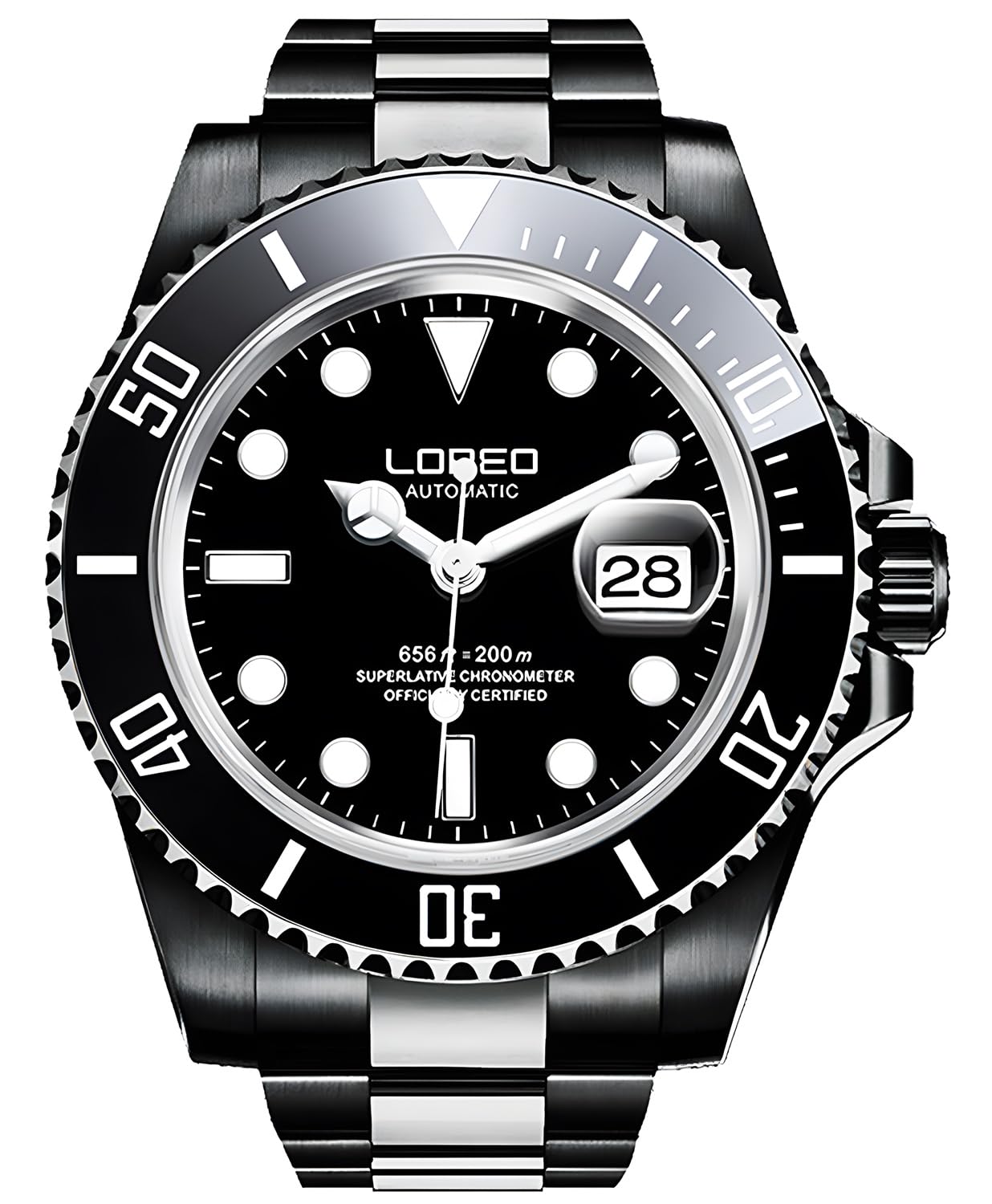 LOREO Men's Automatic Watch - Full Black Stainless Steel, Sapphire Glass, Rotating Bezel, Military Waterproof (200M) - Perfect for Diving, Outdoor Adventures & Everyday Wear
