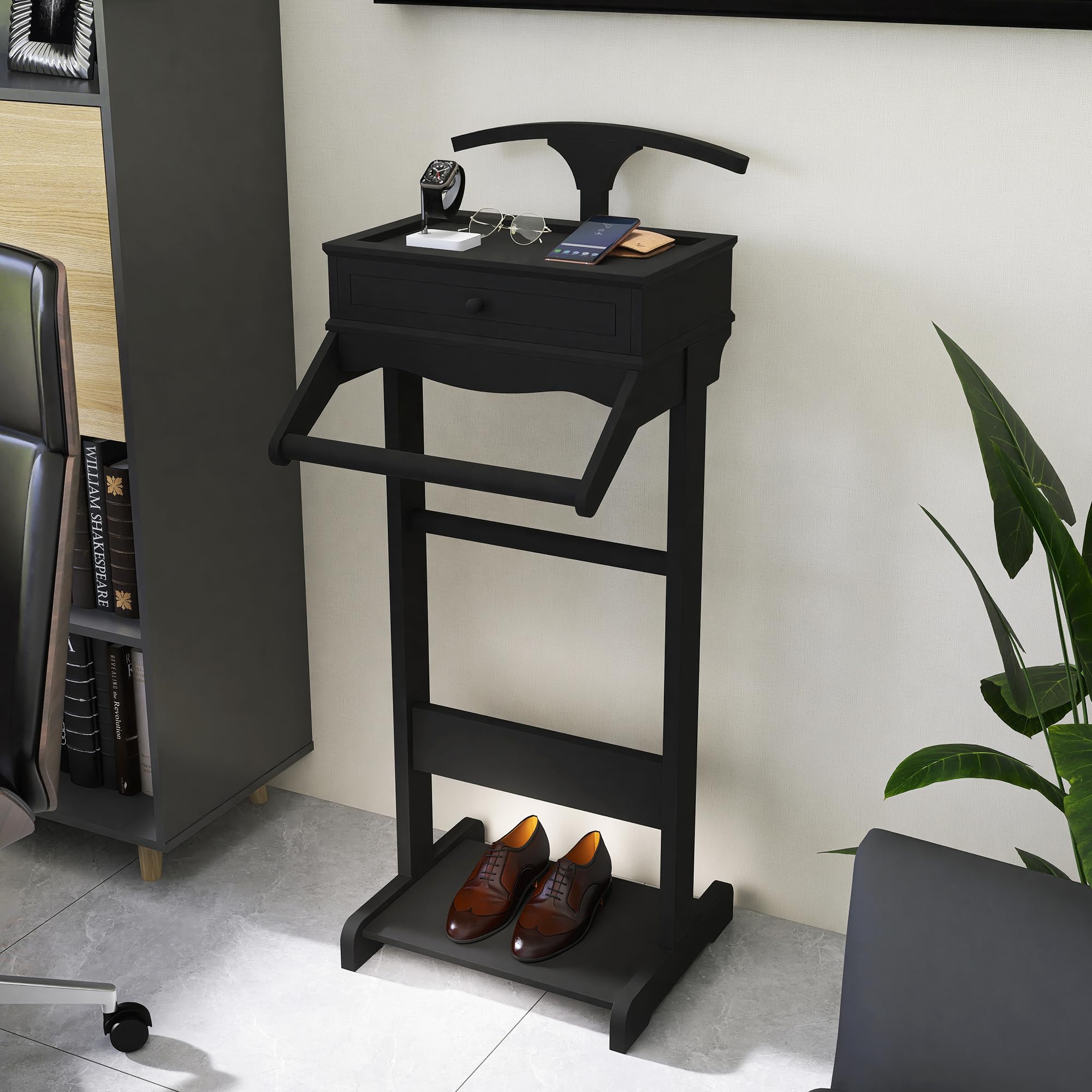 Brefhome Wooden Valet Stand with Drawer & Tray - Modern Clothing Rack for Men & Women - Entryway, Bedroom & Commercial Use - Black Garment Organizer (Perfect for Home & Office Storage)