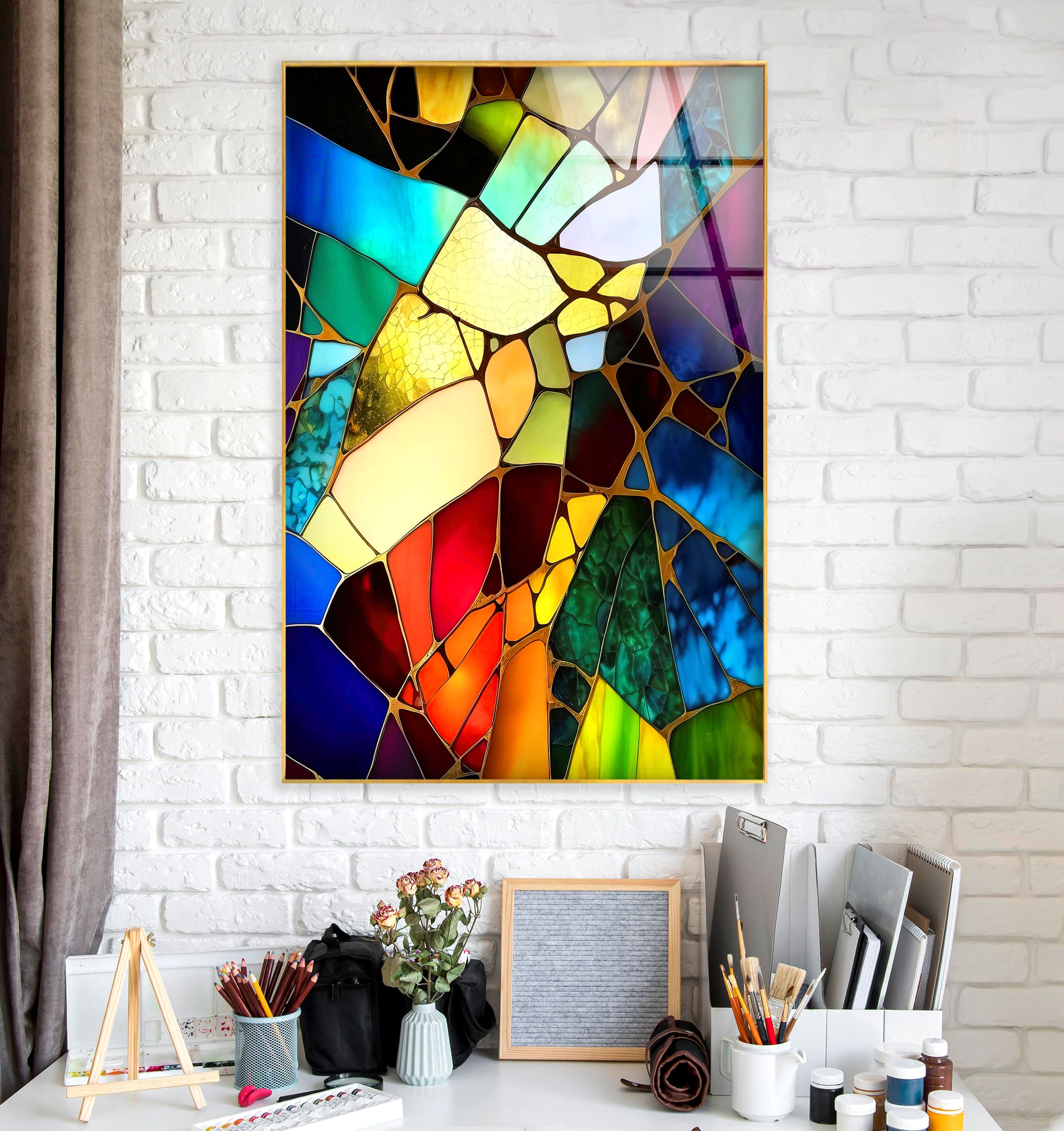 Vibrant Stained Glass Wall Art - Abstract Fractured Glass Print for Modern Home Decor | Artistic Wall Hanging for Living Room, Bedroom & Office | Unique Eclectic Interior Design Accent