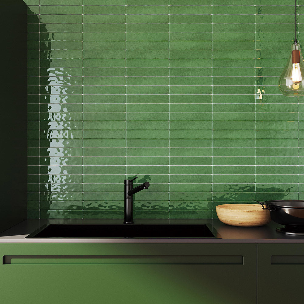 Handmade Mykonos Emerald Green 50X250 Zellige Gloss Subway Tile - Perfect for Kitchen Backsplash, Bathroom Walls & Mediterranean Style Home Decor