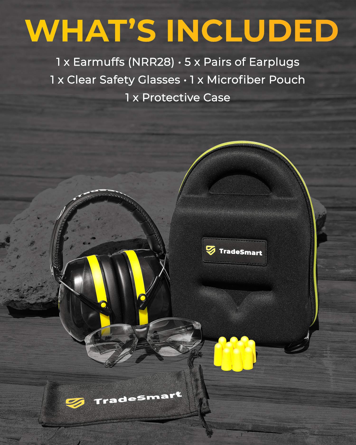 TradeSmart Safety Glasses with Hearing Protection Ear Muffs & Pouch - ANSI Certified for Woodworking, Chainsaw Use, Construction Work - Perfect for DIY Projects and Industrial Safety Gear