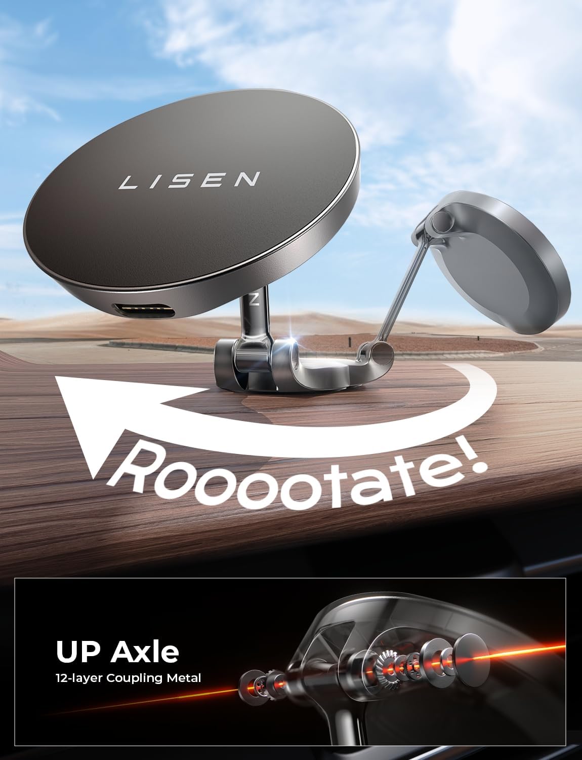 LISEN 360° Rotating Magsafe Car Mount Charger - Wireless Car Phone Holder with Fast Charging for iPhone 16/15/14/13/12 Pro Max/Plus/Mini - Foldable Dashboard Mount for Safe Driving & Hands-Free Navigation