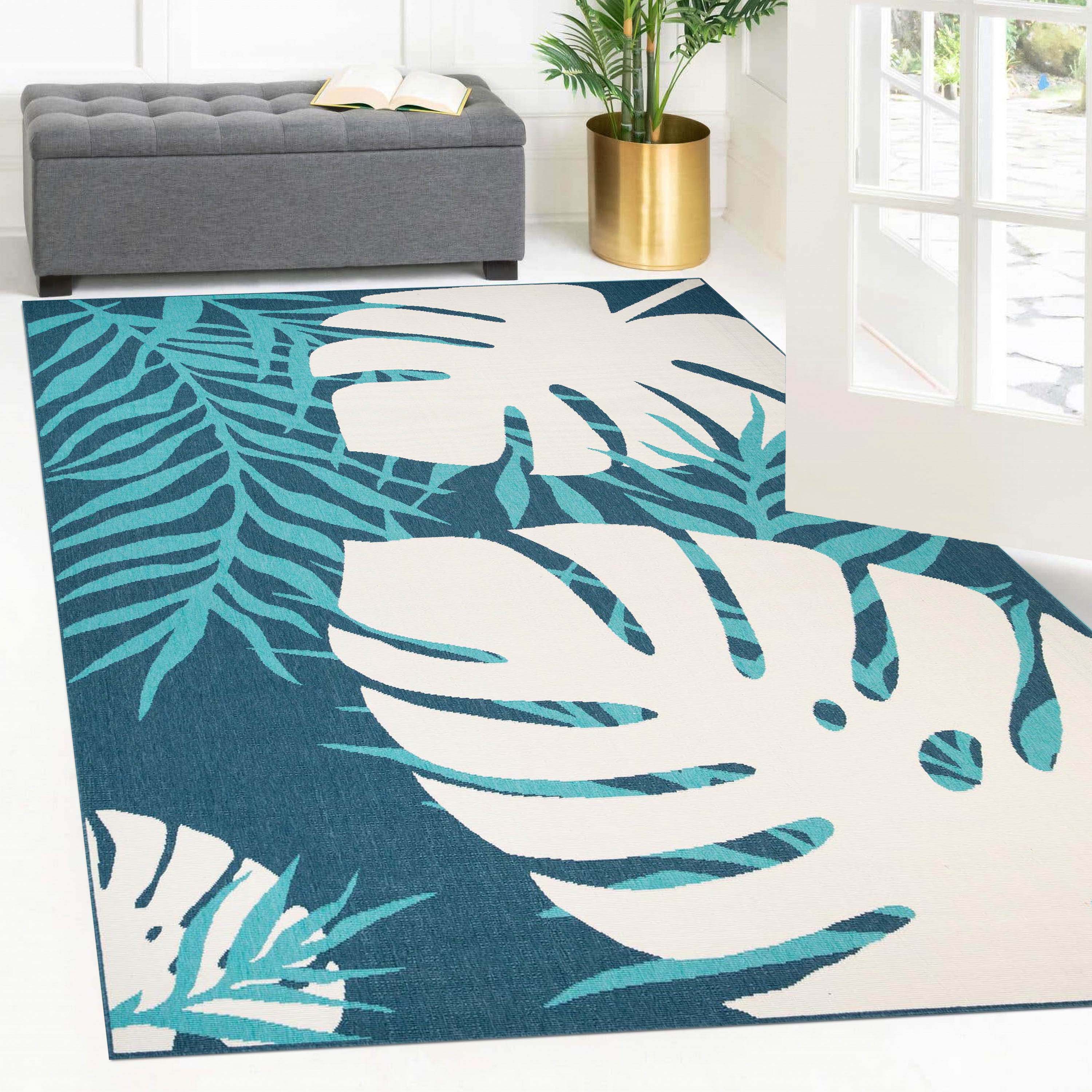 Waikiki Oversized Tropical Leaves Coastal Indoor Outdoor Area Rug - Perfect for Beach House, Boho Living Room, and Patio Decor