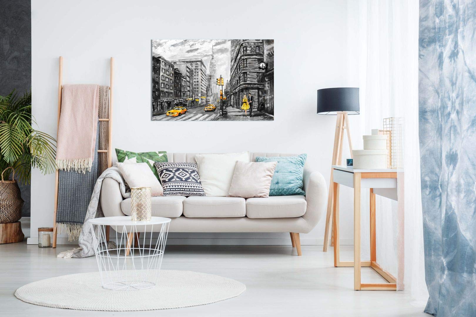 New York City Skyline Oil Painting Canvas Wall Art - Black, White & Yellow Abstract Print (36x24 Inches) - Perfect for Living Room, Bedroom or Office Decor