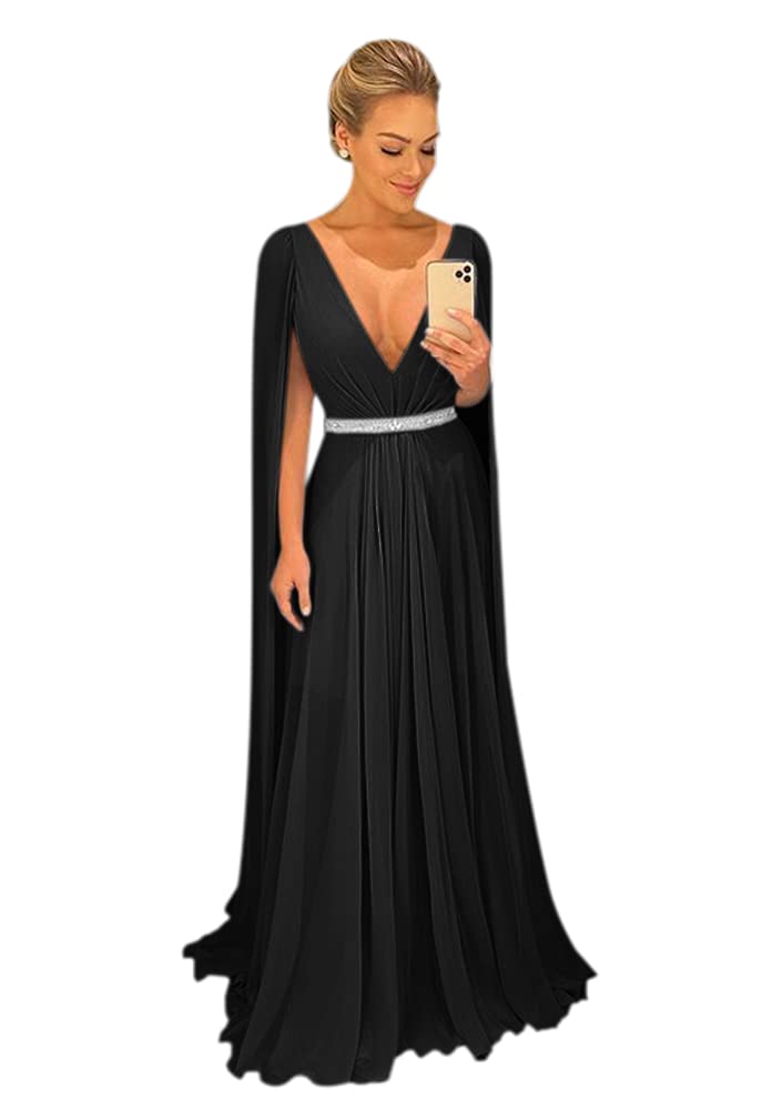 Elegant A-Line Beaded V-Neck Chiffon Evening Gown with Cape - Women's Formal Party Dress for Prom, Wedding, Gala & Special Occasions