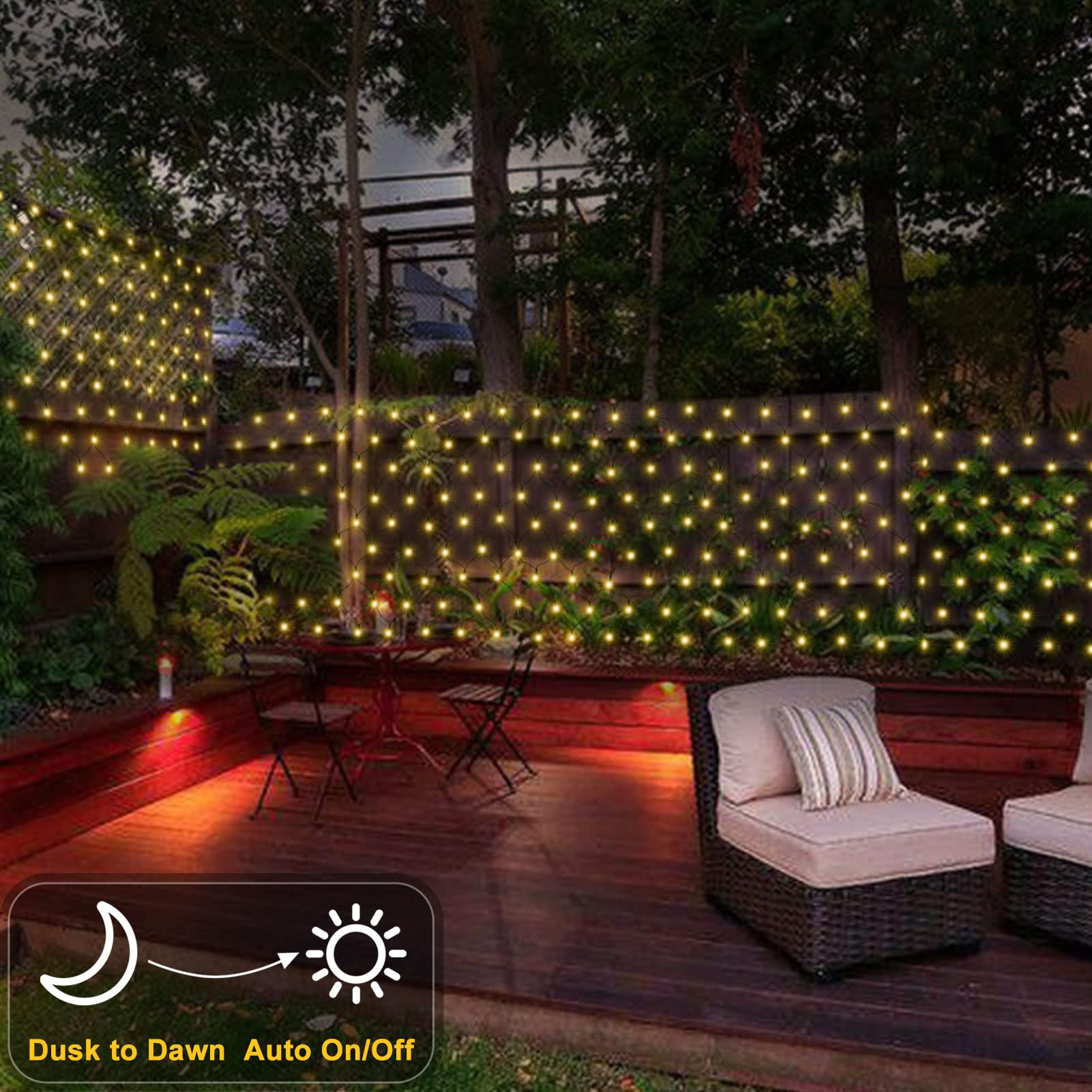 DBFAIRY 100 LED Solar Net Lights Outdoor - 4.9ft x 4.9ft Solar Powered Mesh Lights with Dark Green Cable, Auto On/Off & 8 Lighting Modes - Perfect for Backdrop, Tree Wrapping, Camping Decoration (Warm White)