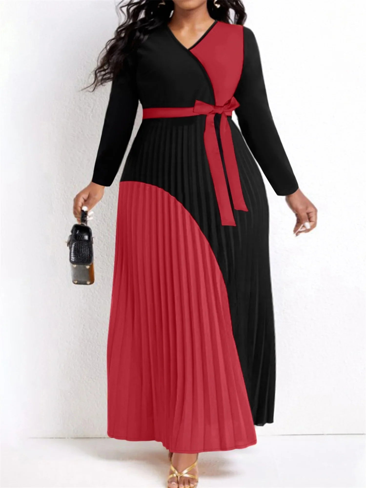 Elegant Fall Maxi Dresses for Women - Bandage Design Tiered Pleated A-Line Dress with Belt & Long Sleeves | V-Neck Flowy Patchwork Vestidos | Perfect for Autumn Weddings, Parties & Date Nights
