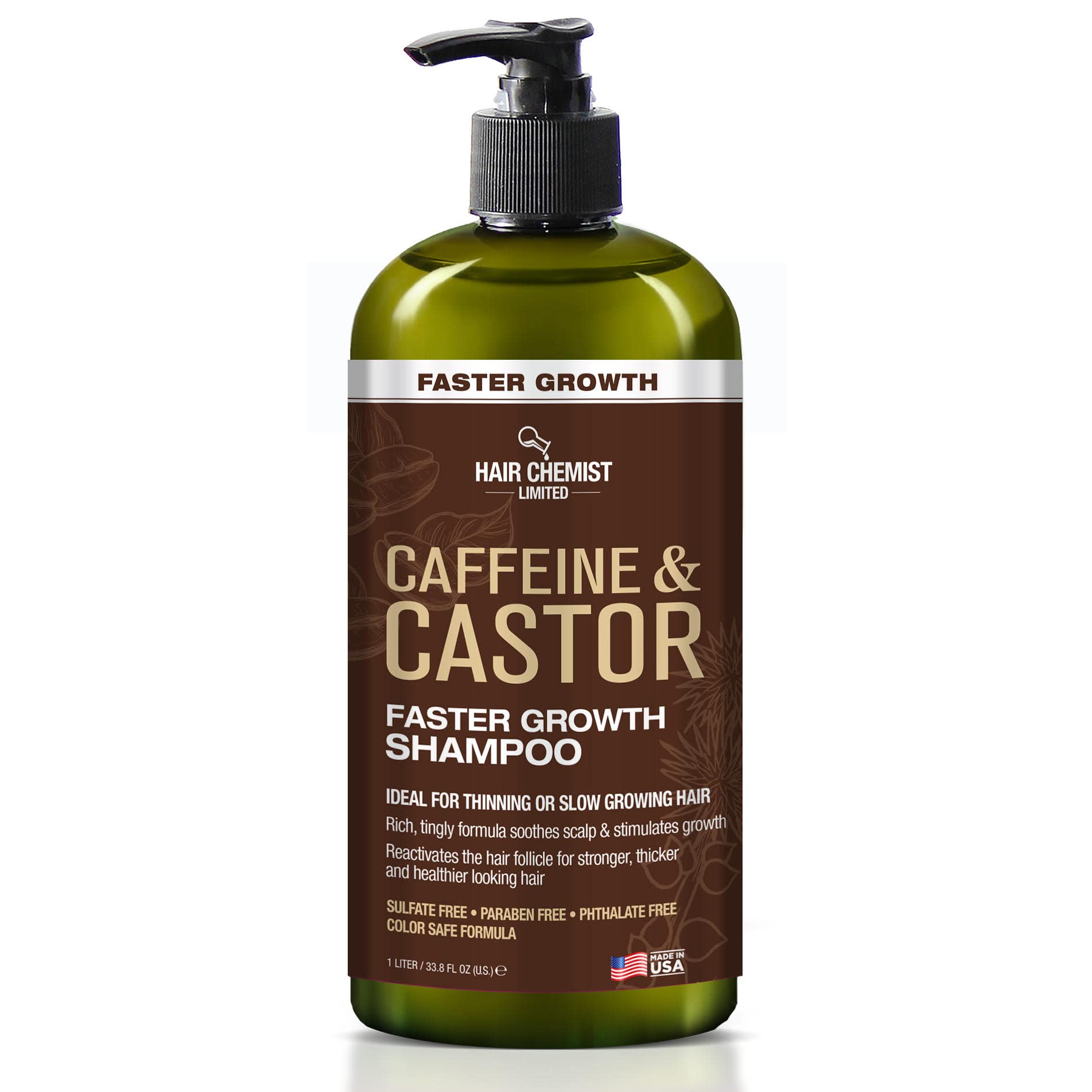 Hair Chemist Caffeine & Castor Oil Shampoo for Faster Hair Growth - 33.8 oz Sulfate-Free Formula | Thickening & Volumizing Shampoo for Men & Women | Daily Use for Healthy Hair Regrowth & Scalp Care