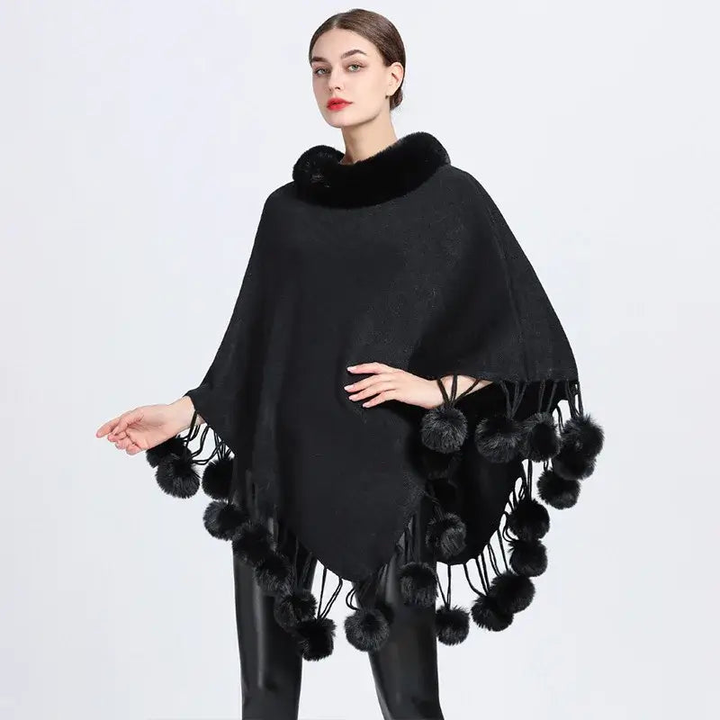 Women's Fashion Asymmetric Poncho Scarf with Soft Fur Ball Trim - Cozy Winter Wrap for Outdoors, Travel & Casual Wear
