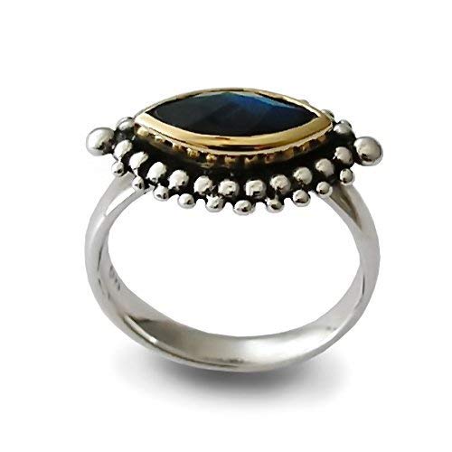 Exquisite Marquise Labradorite Silver & Gold Ring with Dotted Pattern - Elegant Boho Jewelry for Women, Perfect for Weddings, Parties & Everyday Wear