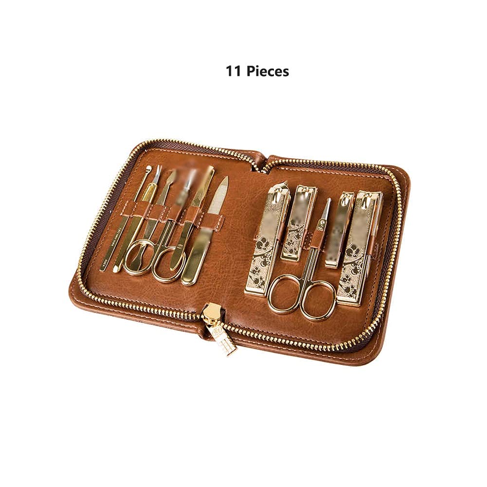 Professional Stainless Steel Manicure & Pedicure Kit - Nail Scissors, Clippers & Tools Set with Leather Travel Case (Brown) - Perfect for Home, Salon & Travel Nail Care