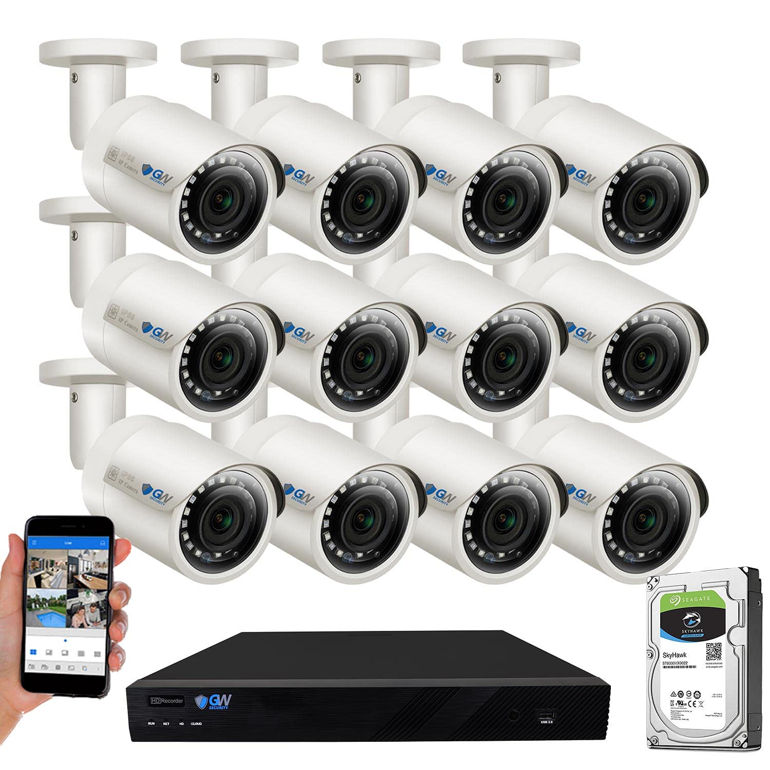 GW Security 16 Channel 4K NVR 5MP POE AI Security Camera System with 12 Weatherproof Bullet Cameras - Built-in Microphone, Pre-Installed 4TB HDD for Home & Business Surveillance (Indoor/Outdoor Use)