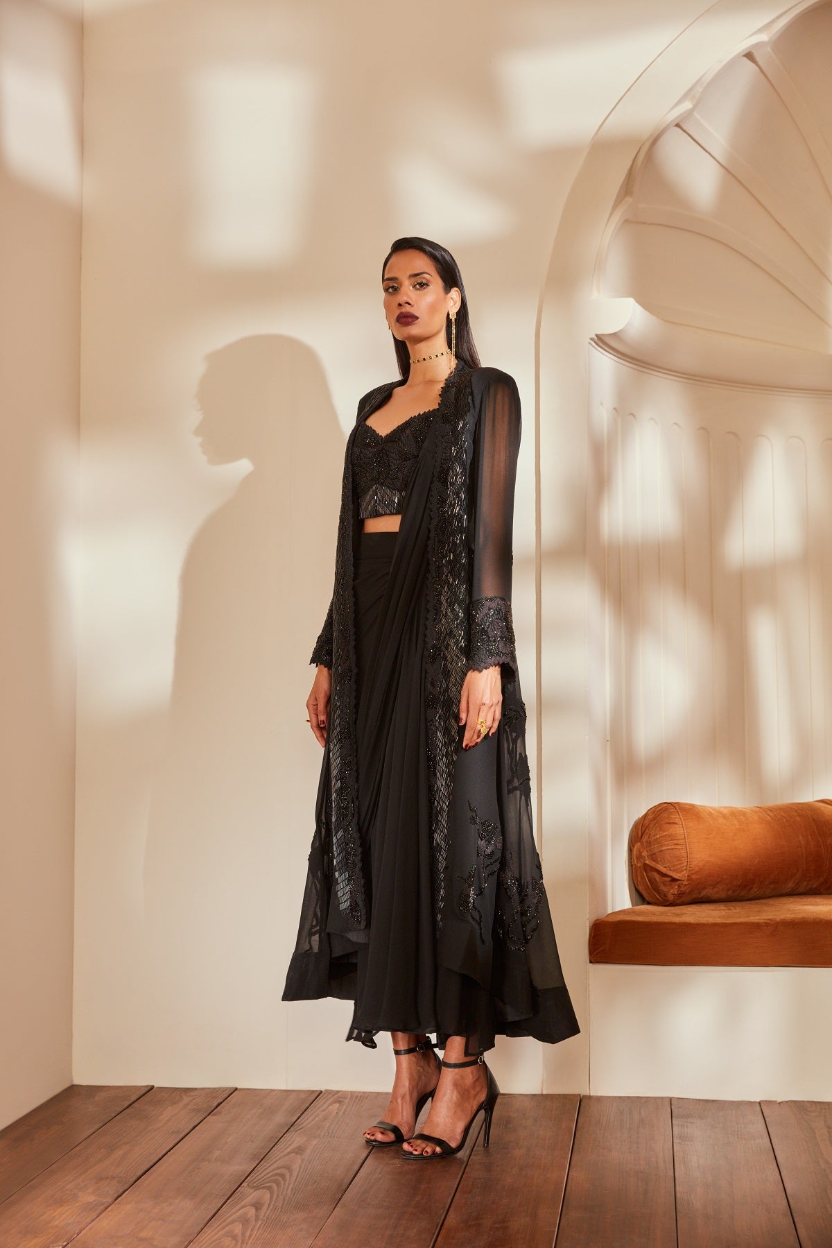 Elegant Black Pleated Drape Skirt Set with Blouse & Jacket - Noir Glass Bead Embroidery for Women | Perfect for Office Wear, Evening Parties & Special Occasions