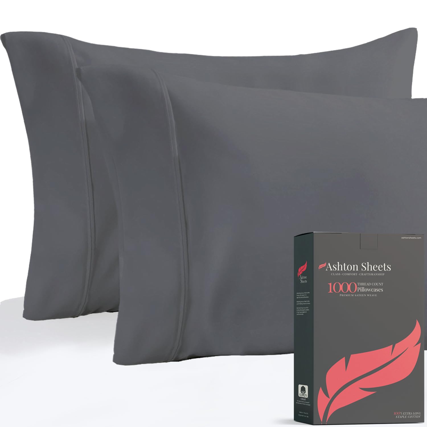 Luxury 1000 Thread Count Egyptian Cotton Pillowcases Set of 2 - Standard/Queen Size, Sateen Weave Cooling Pillow Covers for Hot Sleepers - Dark Grey - Perfect for Bedroom, Guest Room & Hotel Style Comfort
